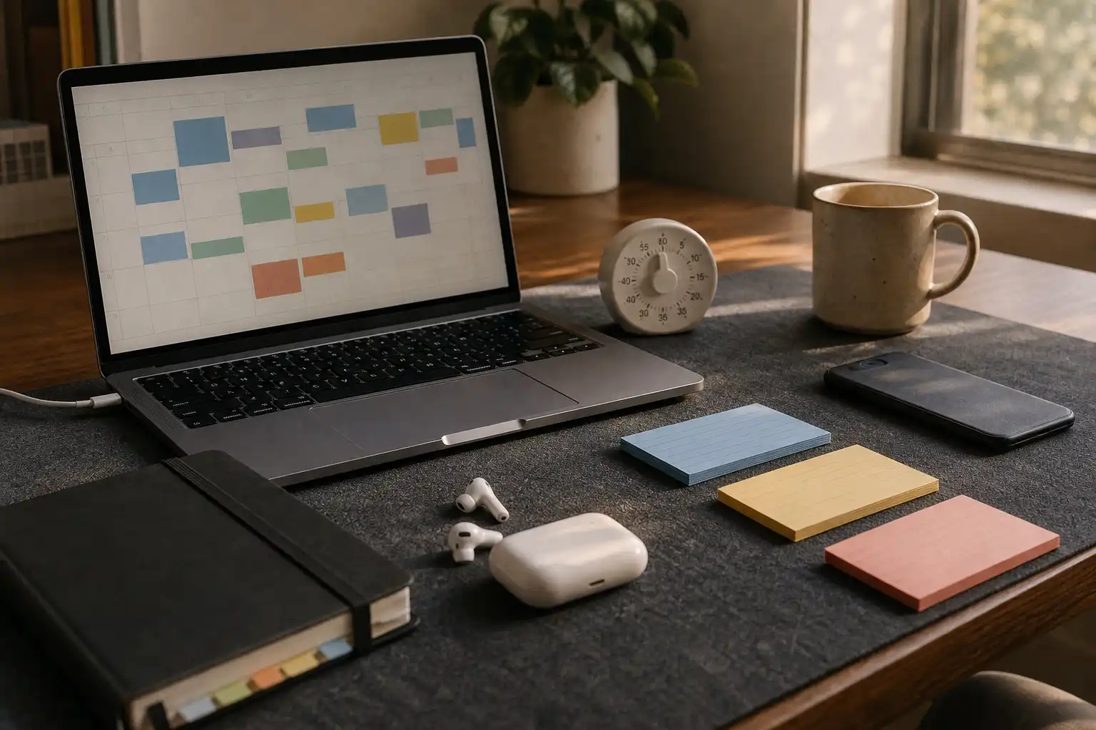 Editorial still-life photograph of a modern knowledge-worker desk in late-afternoon natural window light: an open laptop showing a simple abstract calendar grid with blank colored blocks and no readable text, a small analog timer, a closed notebook with color-coded page tabs, wireless earbuds, a ceramic mug, and a phone face-down beside a few neatly arranged index cards. Compose the objects in clear zones to suggest transitions between deep work, meetings, and small tasks. Include subtle real-world details such as a charging cable and a slightly rumpled desk mat. No people, no logos, and no readable text.