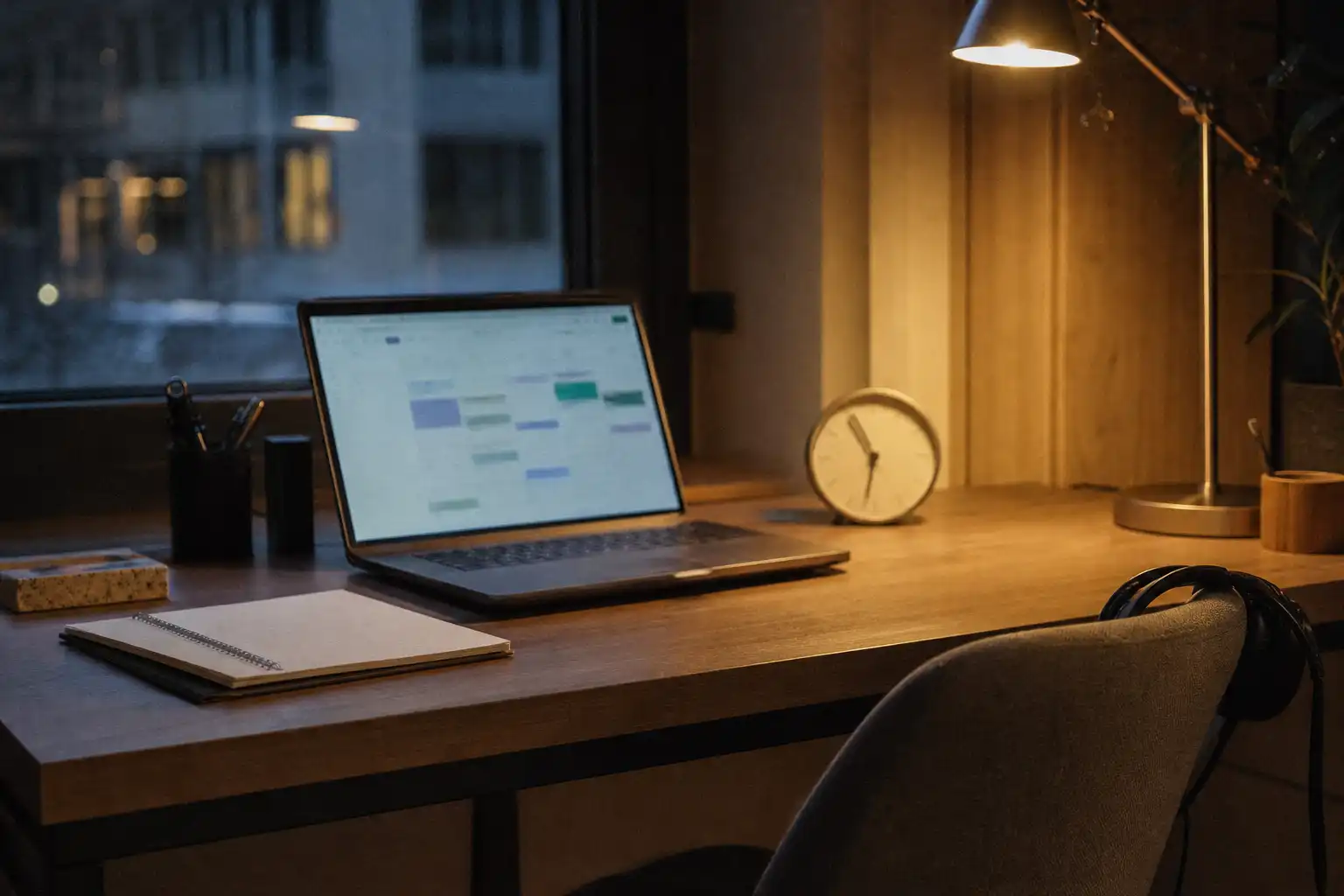 Editorial photograph of a quiet home workspace set up for variable remote work: an open laptop showing abstract, unreadable blocks of a calendar, a small analog desk clock, a closed notebook with a blank page, headphones on a chair, and a softly glowing desk lamp beside a window at blue hour; composed from slightly above with no people, hands, feet, or readable text, warm-and-cool mixed lighting, subtle motion blur on the clock hand, visible high-ISO grain and slight imperfections, shot on Fujifilm X100V, 35mm, f/2, ISO 800.