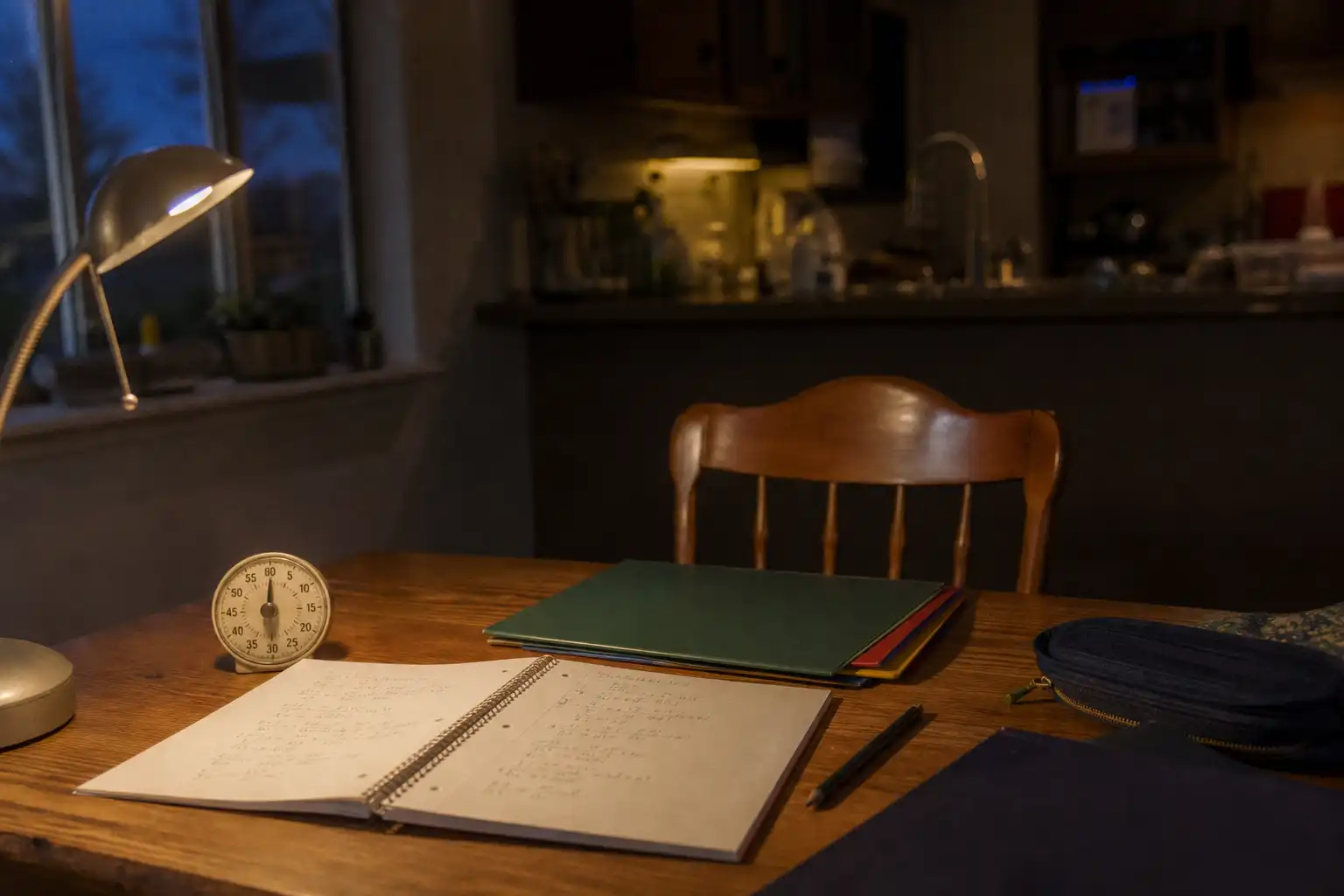 A quiet, lived-in homework station at a kitchen table in early evening: an open spiral notebook with a few handwritten equations, a sharpened pencil, a small analog timer, color-coded folders, and a softly glowing desk lamp, with an uncluttered chair and blurred kitchen background. No people, hands, feet, screens, or visible text. Warm practical lighting with cool window shadows, composed from table height with shallow depth of field. Photographed on Fujifilm X100V, 35mm, f/2, ISO 800, with slight motion blur, fine grain, and natural low-light imperfections.