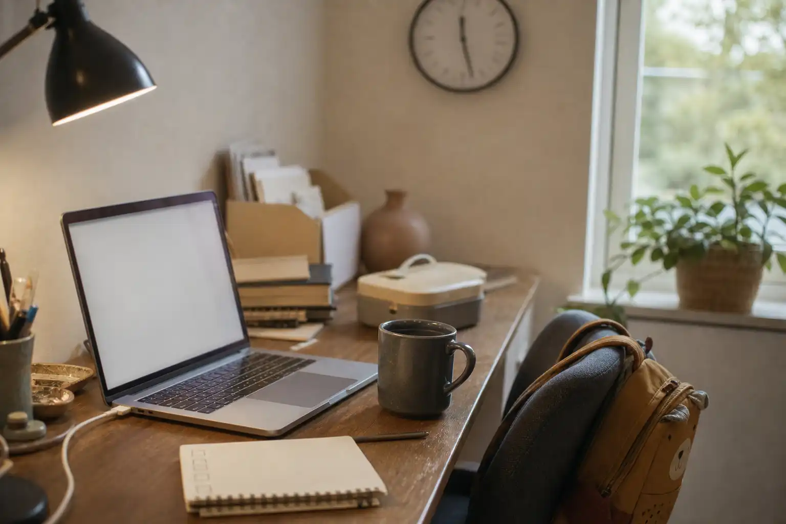 Editorial lifestyle photograph of a tidy home-office desk in late afternoon, viewed at a slight angle. Include an open laptop with a blank, softly out-of-focus screen, a closed notebook with simple unlabeled checkboxes, a ceramic coffee mug, a child’s small backpack resting beside the desk, a lunch container, charging cable, desk lamp, and a wall clock. Warm natural window light mixed with subtle lamp light, realistic lived-in details, calm but busy atmosphere, no people, no readable text, no logos.