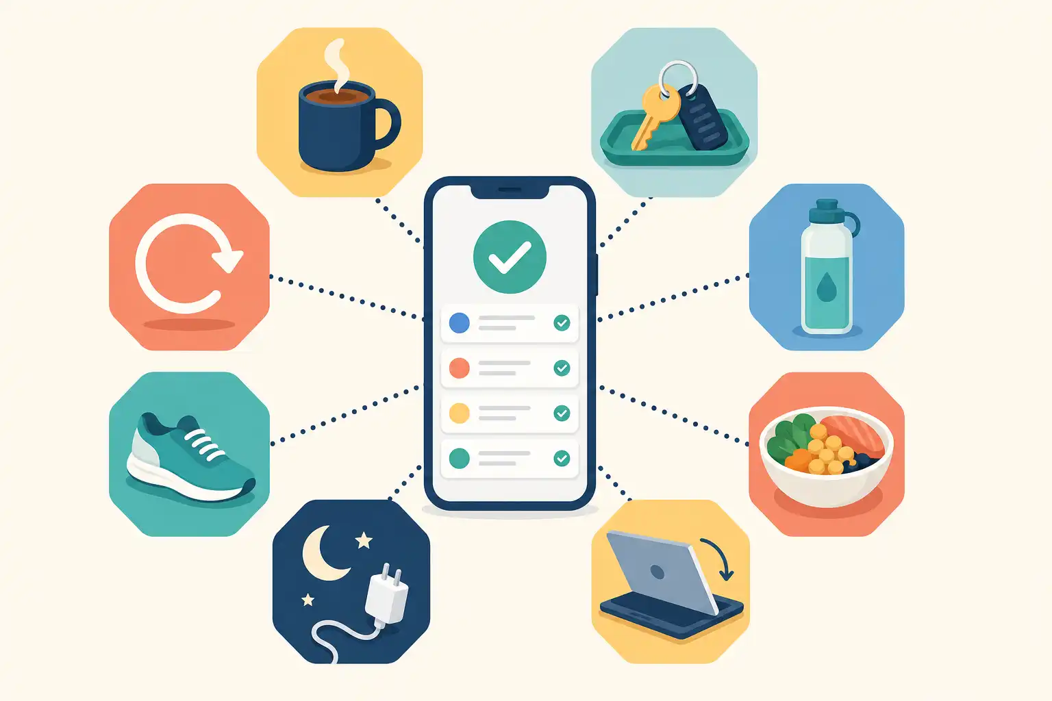 Flat computer-designed vector graphic of an unpredictable daily routine made manageable: a central smartphone screen with a simple checkmark and small task cards, surrounded by eight connected geometric anchor icons including a coffee mug, keys on a tray, water bottle, meal bowl, laptop closing, moon and charger, walking shoe, and circular restart arrow. Use clean rounded shapes, soft blue, teal, coral, and warm yellow on an off-white background, with a balanced radial composition and subtle flat shadows. No photograph, no photo grain, no text.
