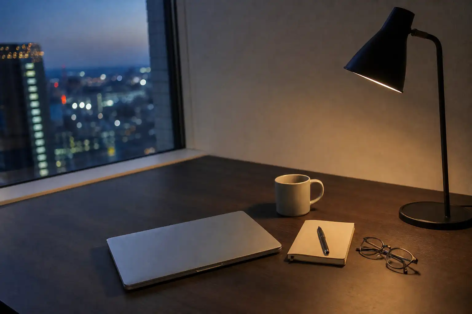 Documentary-style still-life photograph of a quiet modern office at dusk, with an empty desk holding a closed silver laptop, a ceramic mug, a small blank paper planner, a pen, and a pair of glasses beside a softly glowing desk lamp; city lights are blurred through a nearby window, with generous negative space and no people, hands, feet, or visible text. Warm lamp light contrasts with cool blue evening window light. Shot on Fujifilm X100V, 35mm, f/2, ISO 800, with slight motion blur in the city lights, natural grain, and subtle sensor noise.