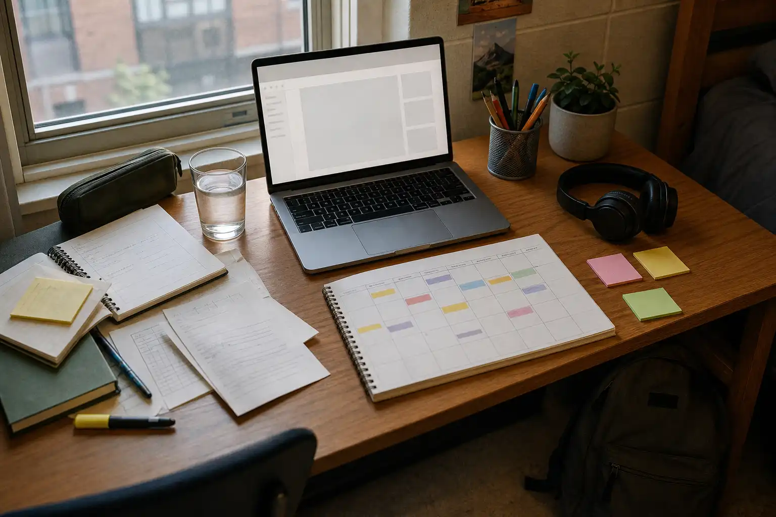 Editorial digital illustration of a tidy student desk beside a dorm-room window in soft early-morning light, viewed from slightly above. Include an open laptop with an abstract blank interface and no readable text, a paper weekly planner with simple colored blocks but no words, a pencil cup, headphones, a backpack on the floor, a glass of water, and three small sticky notes without writing. The composition should show a clear path from scattered study materials on one side to an organized short task list and calendar on the other, with warm realistic colors and no people.