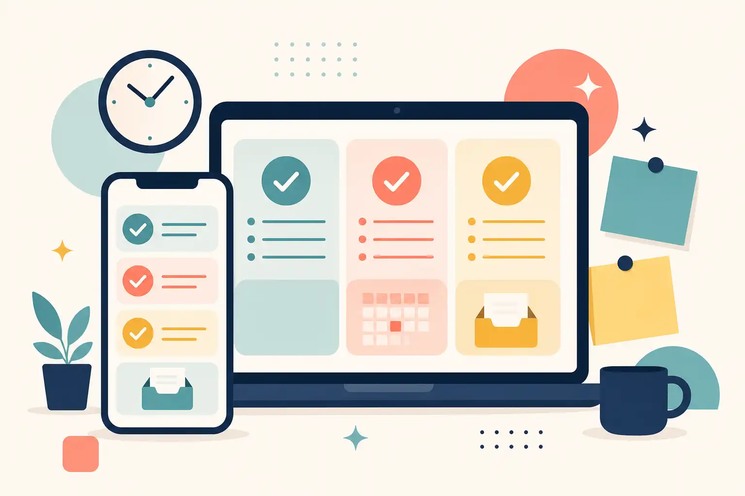 Flat computer-designed vector graphic of a calm workplace task system: a large smartphone and laptop screen showing three simple task panels with checkmarks, calendar blocks, and a small inbox tray, surrounded by geometric sticky-note shapes, a clock icon, and subtle focus sparkles. Use clean rounded rectangles, navy, soft teal, coral, and warm cream colors on a light background, with balanced centered composition and gentle flat shadows. No photograph, no photo grain, no people, no readable text.