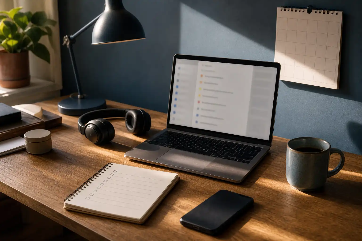 Editorial lifestyle photograph of a tidy but actively used home-office desk in late-afternoon natural light: an open laptop showing an abstract blurred task interface with no readable text, a paper notebook with simple checkboxes but no legible words, a phone face down, a ceramic coffee mug, headphones, a desk lamp, and a small wall calendar with blank squares. Composition from a slightly elevated three-quarter angle, warm realistic lighting, neutral blue and wood tones, no people, no visible branding, no readable text.