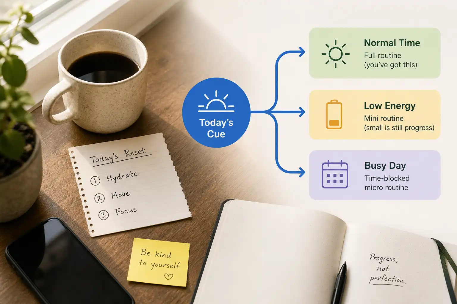 A realistic overhead photograph of a home desk during a calm afternoon transition, with a ceramic coffee mug, a small paper checklist containing three simple handwritten actions, a phone, and one bright sticky note beside an open notebook; natural window light and subtle film grain. Overlaid flat-design graphics show a flexible branching routine path: a bold blue cue circle leading to three rounded colored option cards labeled with simple icons for normal time, low energy, and busy, with clean arrows and plenty of white space. The composition should feel practical, warm, and uncluttered rather than clinical or overly futuristic.