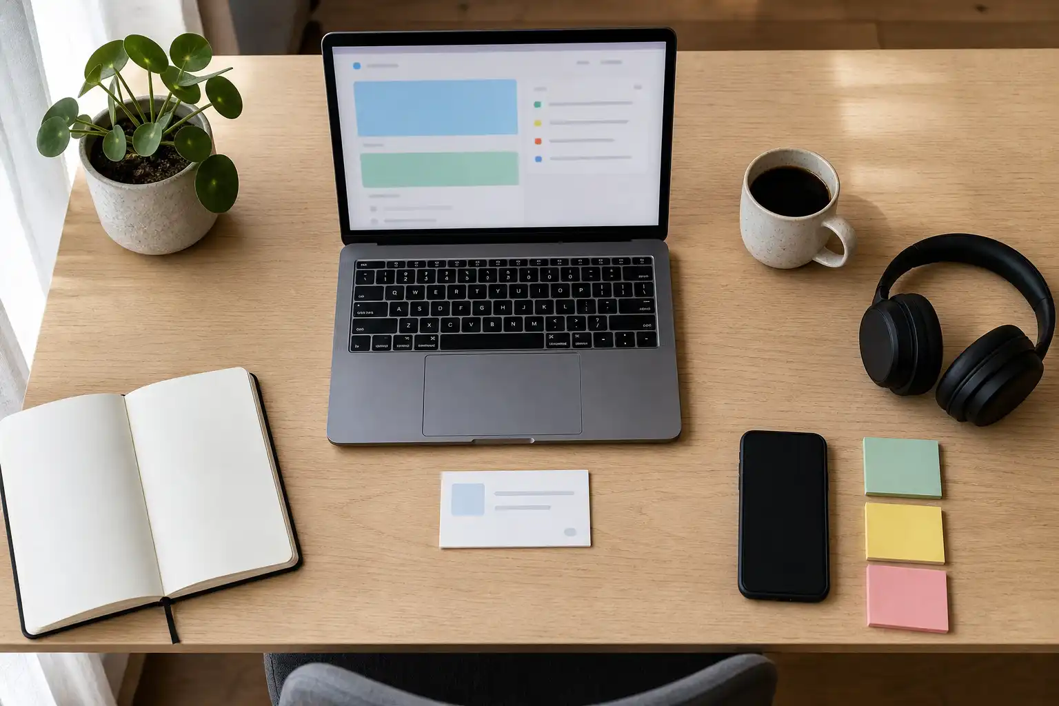 Editorial lifestyle photo of a quiet modern home-office desk in soft morning window light, viewed from slightly above. Include an open laptop with an abstract, unreadable task interface made of simple colored blocks, a paper notebook with blank pages, a phone face down, a ceramic coffee mug, headphones, a small desk plant, and a few neatly separated sticky notes with no readable text. The composition should show a clear work surface with one small task card centered in front of the laptop, suggesting reduced decision fatigue. No people, no visible words, no logos.