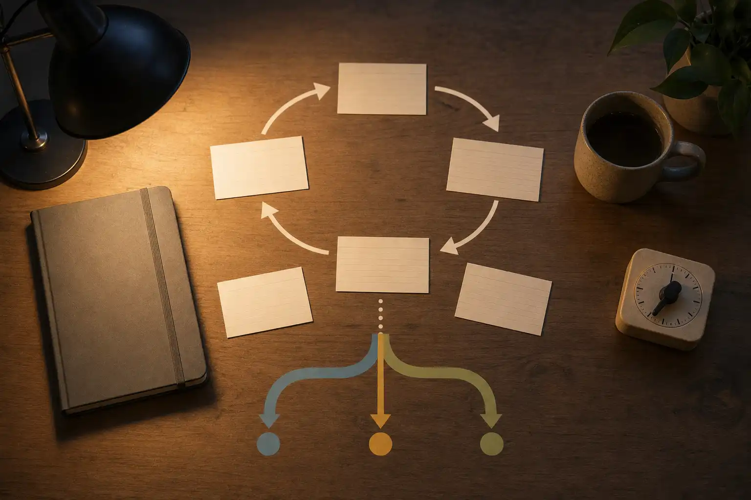 Mixed media cover image, overhead view of a quiet desk at early evening with a closed notebook, a few blank index cards arranged in a loose circle, a ceramic mug, and a small analog timer. Flat computer-designed circular arrows and subtle colored pathway shapes overlay the realistic desk scene to suggest closing open loops and choosing the next task. Warm desk-lamp lighting, soft shadows, slight photographic grain, no people, no hands, no feet, no readable text.