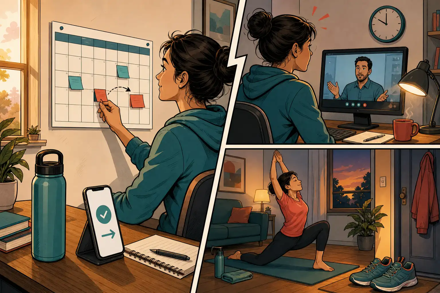 Comic-style editorial illustration of an adult at a home desk building a flexible routine: a wall calendar with a few movable sticky notes, running shoes by the door, a water bottle, and a phone showing one simple next-task prompt. Show a small split-panel effect where a late meeting disrupts the original plan, then the person calmly switches to a shorter backup routine. Warm morning-to-evening lighting, clean expressive ink lines, friendly realistic mood, teal and coral color accents, no readable text or logos.