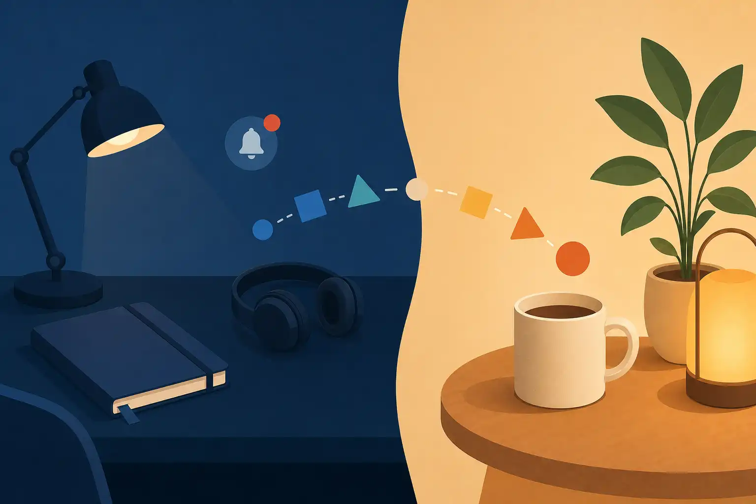 Flat computer-designed graphic with a split composition showing a dark blue remote-work desk zone on the left and a warm personal-time zone on the right. The desk includes a closed notebook, small desk lamp, headphones, and a minimal notification dot icon, while the personal side includes a mug, houseplant, and soft amber lamp. A simple curved path of geometric shapes moves from the work desk toward the mug to suggest a deliberate transition. No people, no text, no photo grain.