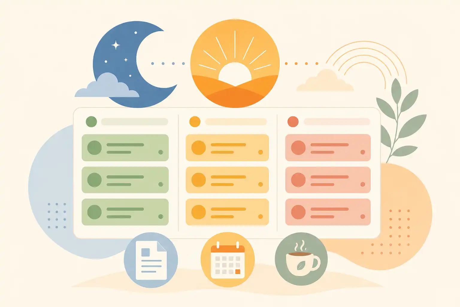 Flat computer-designed graphic of a calm three-lane task board with abstract green, amber, and muted red cards, a crescent moon transitioning into a warm sunrise circle, and small simple icons for a document, calendar, and rest break. Centered composition on a soft cream background with warm morning-inspired orange and pale blue accents. No people, no text, no photo grain.