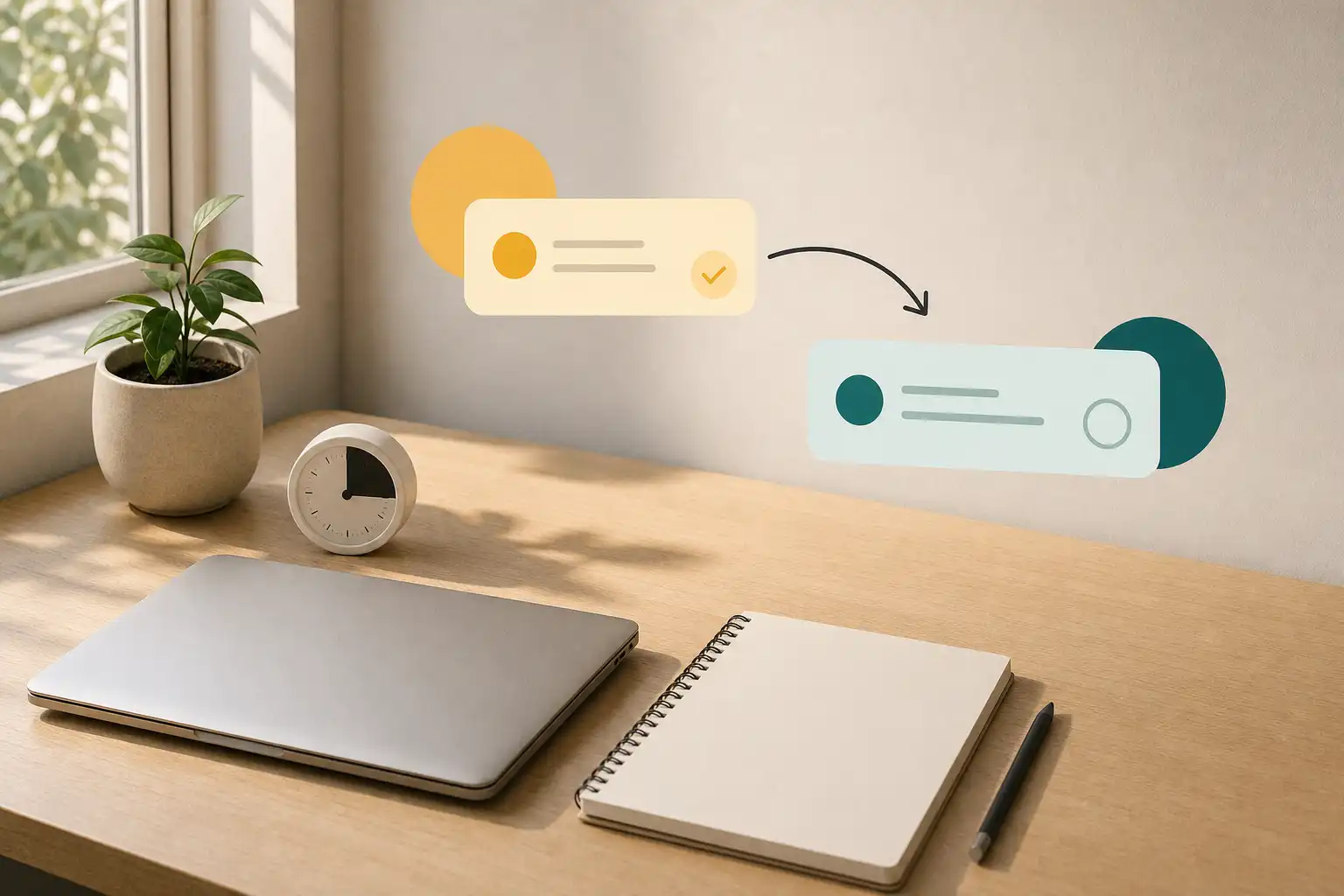 mixedMedia cover image with a minimal overhead photograph of a quiet founder desk near a window: closed silver laptop, blank notebook, simple timer, and a single pencil, with no people, hands, feet, or readable text. Flat geometric graphic elements float above the desk as two clean task cards connected by a curved arrow, suggesting a smooth transition between tasks. Soft late-afternoon natural light, lots of negative space on the right, subtle photographic grain in the desk scene and crisp flat color in the graphic overlays.