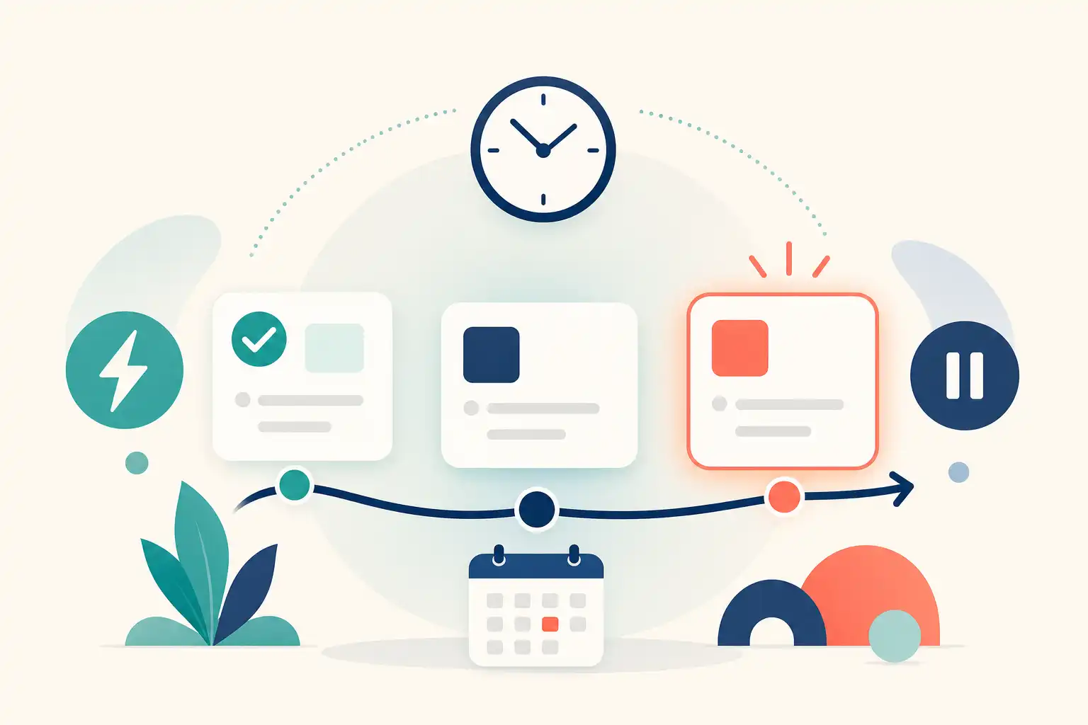 Flat computer-designed vector graphic of a calm task-switching dashboard: three rounded task cards move along a simple curved path from a completed checkmark to a highlighted “next” card, with a small clock, lightning-bolt energy icon, calendar block, and pause symbol. Use geometric shapes, clean navy, teal, coral, and warm cream colors, generous negative space, and soft subtle gradients for depth. Centered composition on a pale background, crisp UI-like lighting, no photography, no photo grain, no text.
