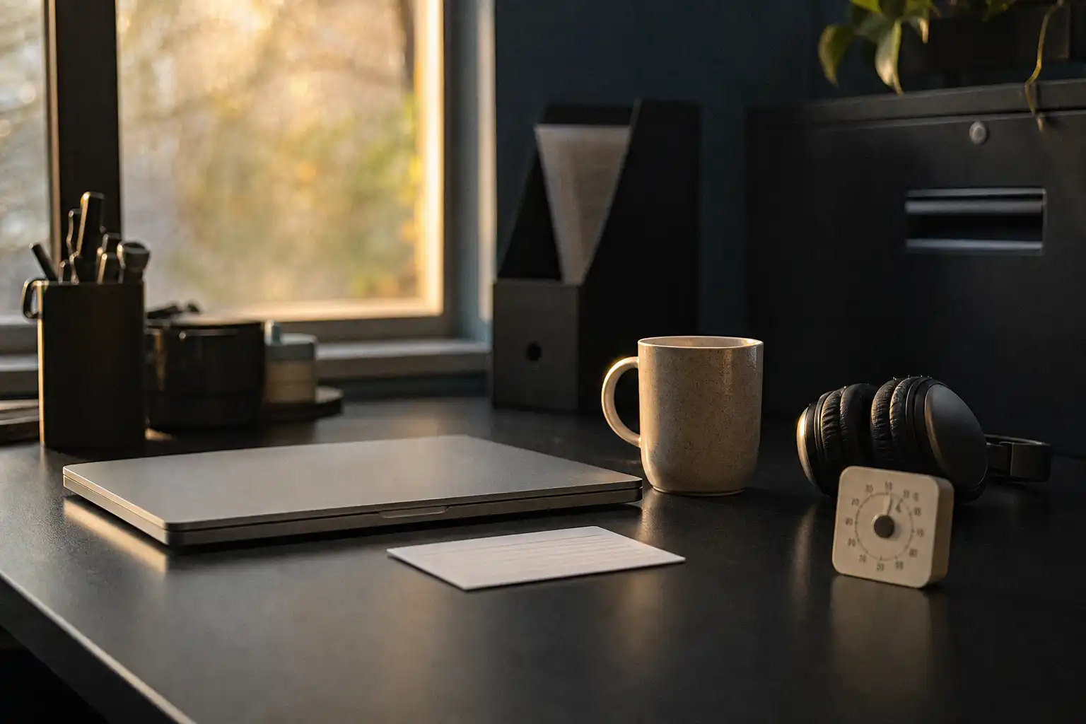 Photograph of an empty late-afternoon office desk beside a window, with a closed laptop, a blank index card, a ceramic coffee mug, noise-cancelling headphones, and a small analog timer arranged neatly after a work session; soft golden window light, muted blue-gray office background, shallow depth of field, candid lived-in composition with slight motion blur and visible digital noise. Shot on Fujifilm X100V, 35mm, f/2, ISO 800.