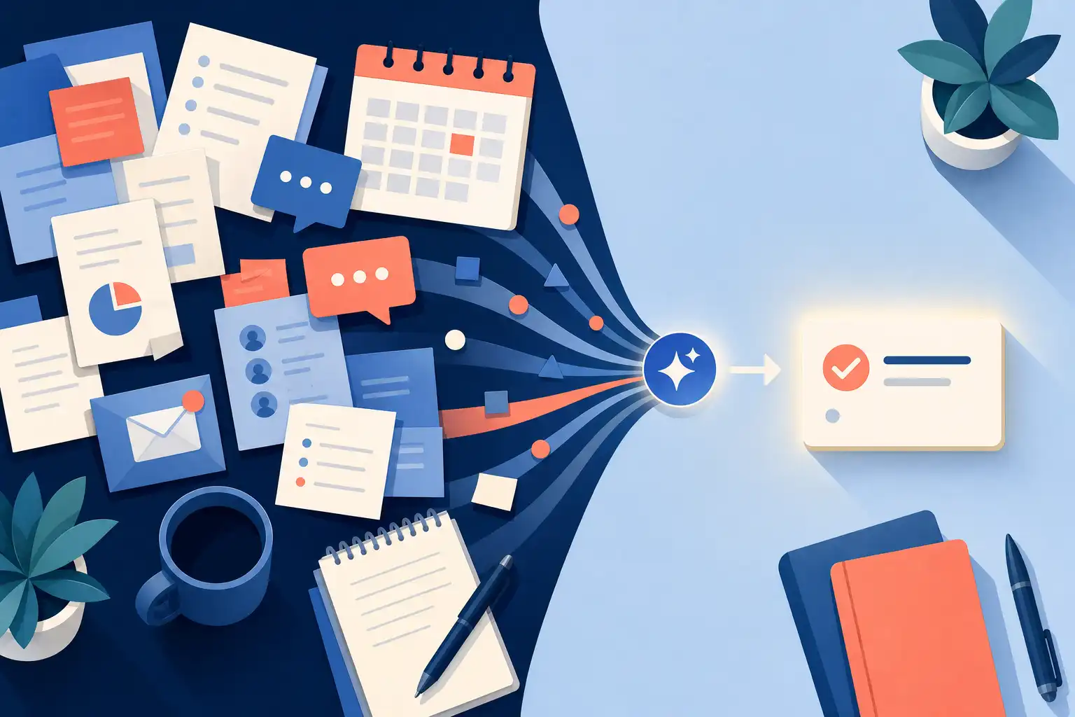Flat computer-designed editorial graphic of an overloaded knowledge worker's desk viewed from above, with geometric document cards, calendar blocks, message bubbles, and a small helpful assistant sparkle icon flowing into one clear highlighted next-task card. Use a clean workplace color palette of deep navy, soft blue, coral, and warm cream, with crisp vector shapes, subtle long shadows, balanced asymmetrical composition, and bright even digital lighting. No photograph, no people, no photo grain, no text labels.