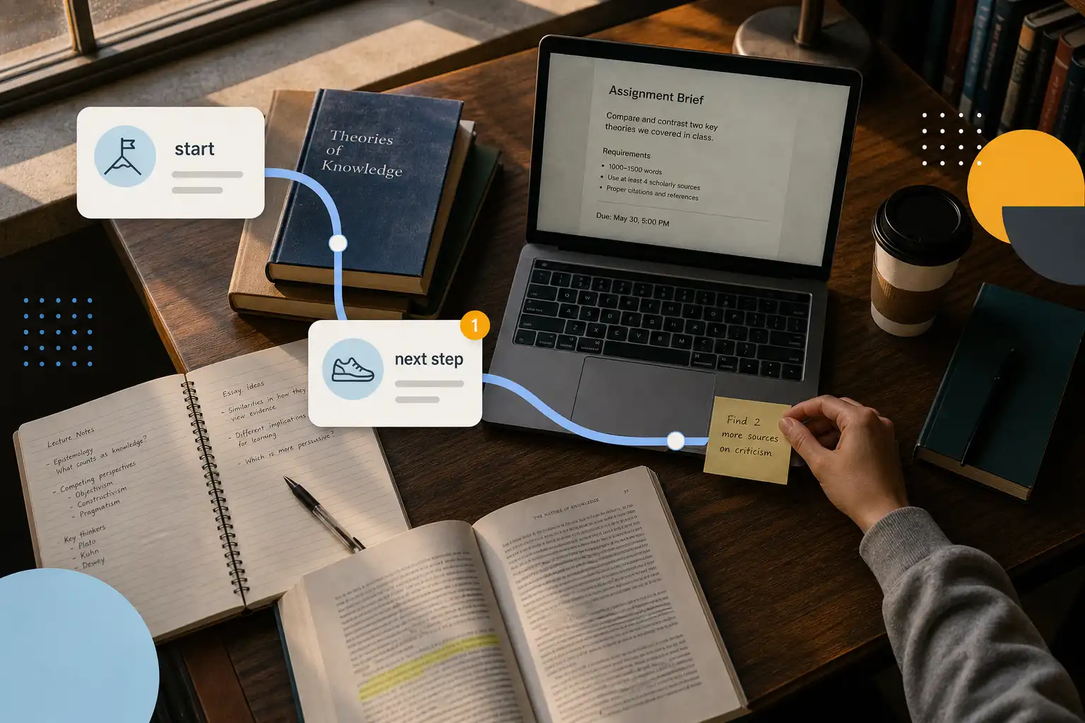A realistic overhead photograph of a university library desk in warm late-afternoon window light, with an open notebook, a laptop showing a simple assignment brief, a coffee cup, and a student’s hand placing a small sticky note beside the keyboard. Overlay flat-designed graphic elements: a calm blue pathway connecting three labeled task cards—“start,” “next step,” and “review”—with one small amber notification dot, clean geometric shapes, and no visible brand logos. Subtle film grain in the photographic desk scene, while the task graphics are crisp and minimal.