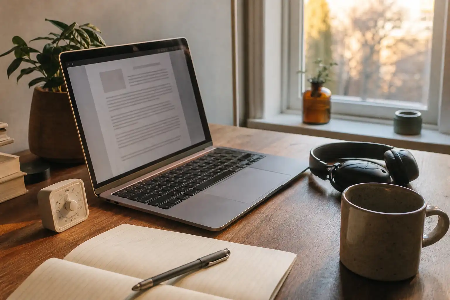 Editorial lifestyle photo of a quiet home-office desk during a work-to-evening transition: an open laptop showing an abstract document layout with no readable text, a paper notebook with blank lines and a pen, a small kitchen timer, a ceramic mug, headphones resting beside the laptop, and a soft-lit window in the background. Compose the scene from a slightly elevated angle with warm late-afternoon natural light, realistic everyday clutter kept minimal, no people, no logos, and no visible words.