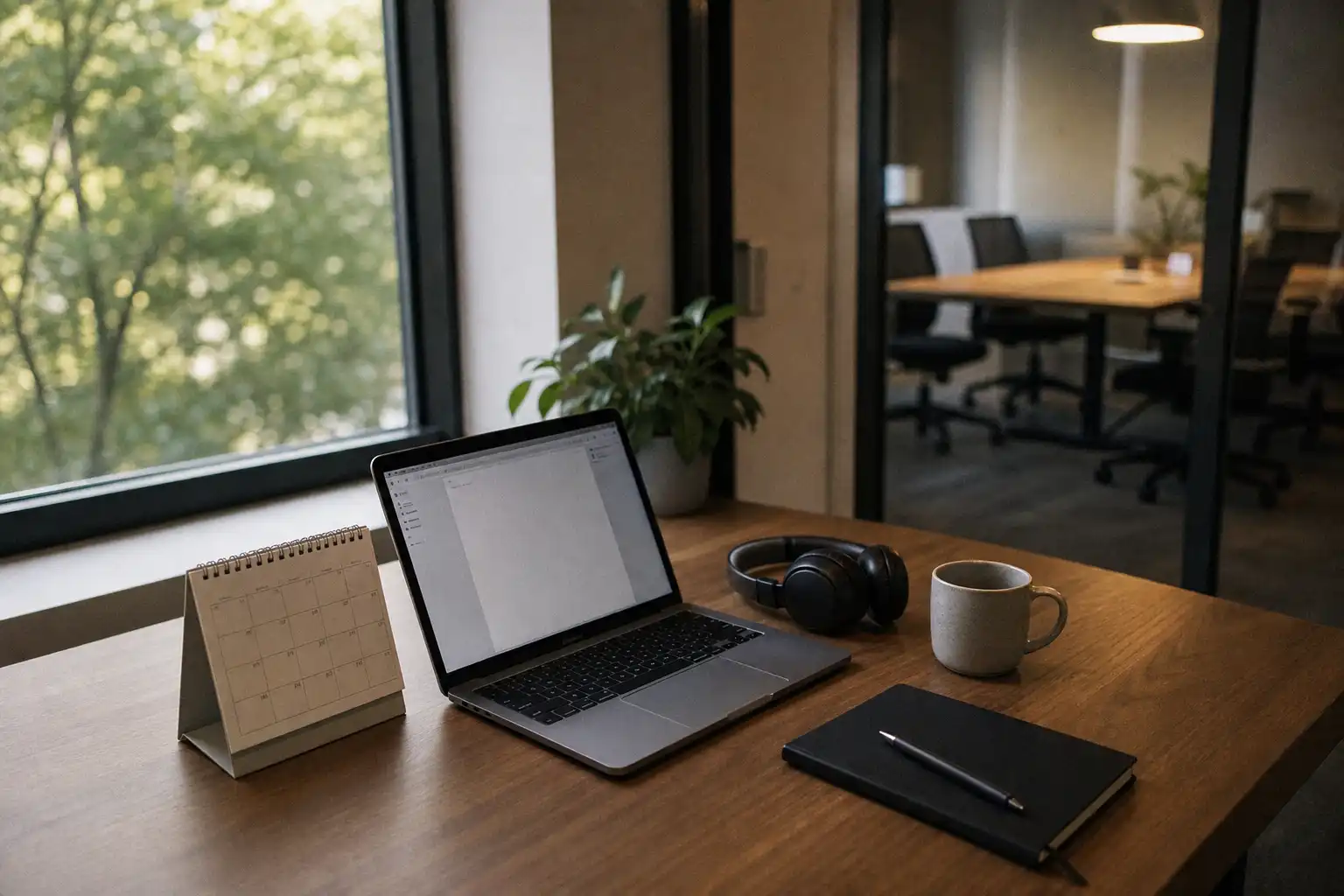 Editorial photograph of a quiet workplace focus setup on a small wooden desk beside a window: an open laptop showing an indistinct blank document interface, a paper desk calendar with empty blocks, noise-canceling headphones resting beside a ceramic mug, and one closed notebook with a pen. No people, hands, feet, or readable text. Shot from a slightly elevated three-quarter angle in a softly lit modern office with an empty meeting room blurred in the background, late-morning natural window light mixed with subtle warm overhead light. Fujifilm X100V, 35mm, f/2, ISO 800, with slight motion blur at the edges, fine grain, and natural imperfect texture.