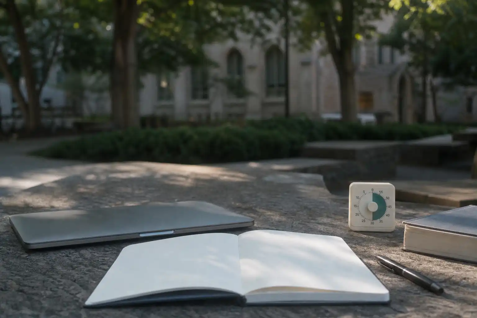 photo of a quiet outdoor university courtyard study table in soft morning natural light, with an open blank notebook, a closed laptop, a pen, a small timer, and a single book arranged neatly to suggest a ready-to-resume study session; no people, hands, feet, screens, or readable text; calm shallow depth of field with trees and campus stone softly blurred in the background; shot on Fujifilm X100V, 35mm, f/2, ISO 800 with subtle blur and natural film-like noise