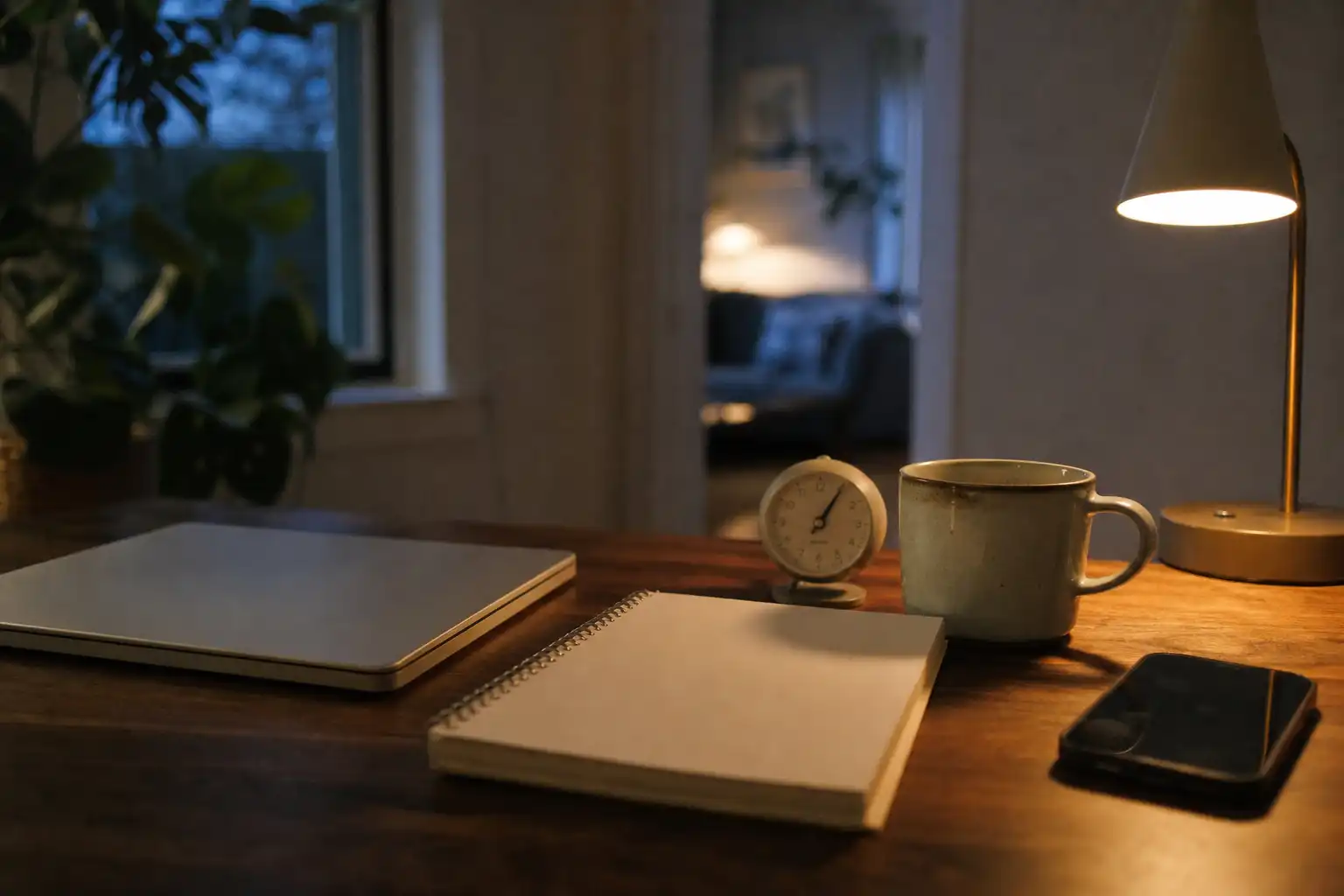 A quiet home-office desk at early evening with a closed silver laptop, a blank cream notebook, a ceramic mug, a small analog timer, and a phone placed face down beside a warm desk lamp; a dim living-room doorway softly out of focus in the background, suggesting the transition from focused work to personal time. No people, hands, feet, or text. Candid editorial photograph shot on Fujifilm X100V, 35mm, f/2, ISO 800, warm practical lighting mixed with cool window light, shallow depth of field, slight motion blur and natural sensor noise.