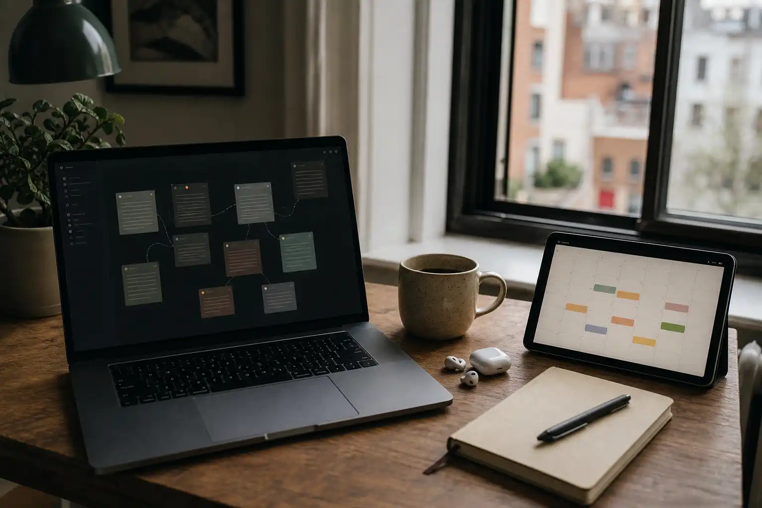 A realistic editorial photo of a quiet home-office desk in late afternoon light, viewed from slightly above. On the left is an open laptop showing a simple dark note-taking interface with linked note cards but no readable text; on the right is a tablet showing a soft calendar grid with a few unlabeled colored blocks. Include a ceramic mug, a small notebook with a pen, wireless earbuds, a desk plant, and a partly open window with subdued city buildings outside. The composition should suggest a practical choice between reflection and scheduling, with natural clutter but an organized overall feeling. No people, no logos, no readable text.