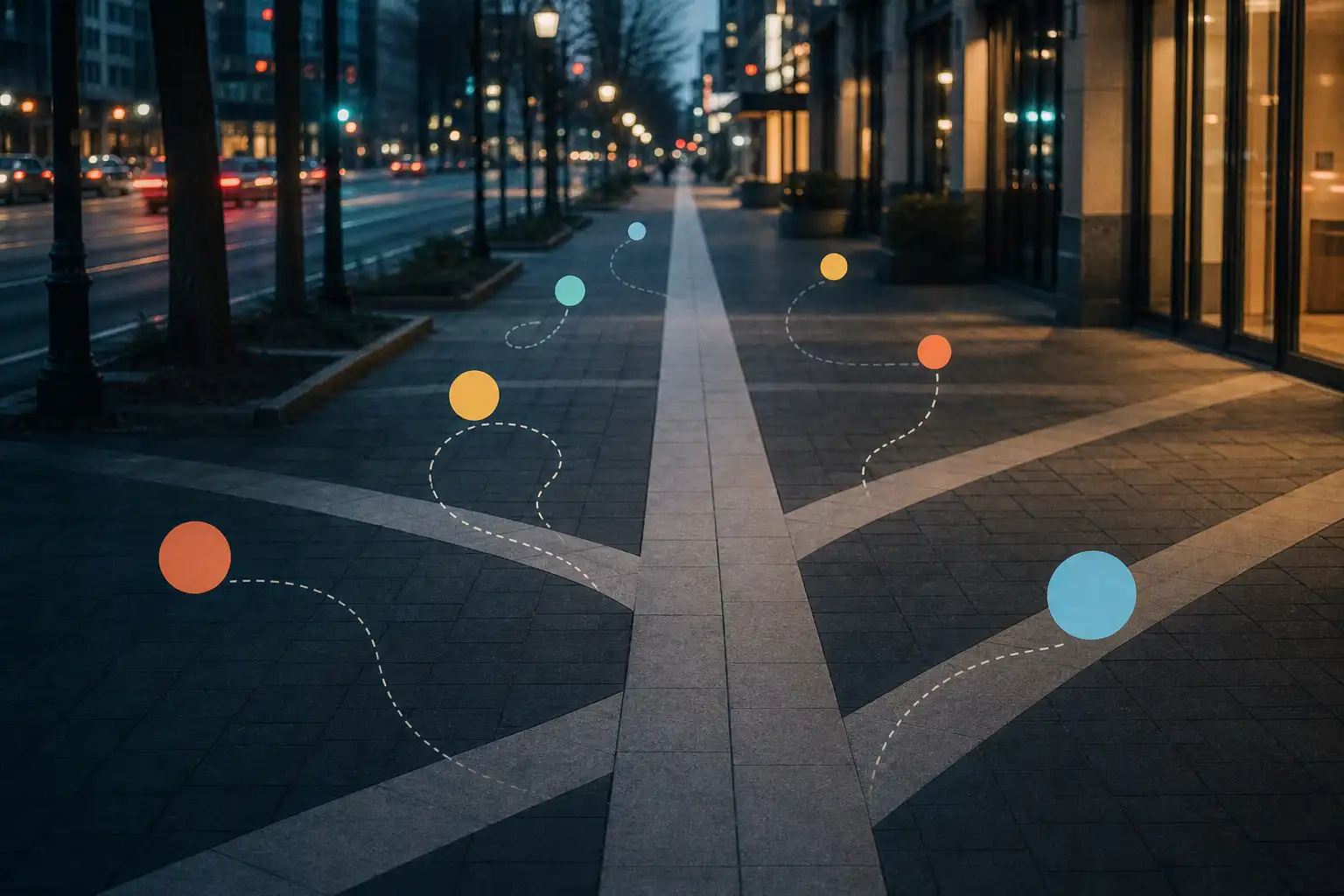 Mixed-media cover image of an empty city sidewalk at dusk viewed slightly from above, with several branching paths created by pale pavement lines and one clear route continuing forward. Flat geometric notification dots and small looping route lines float subtly over the photographic pavement to represent interruptions and returning to focus. No people, hands, feet, words, or readable signage. Cool streetlight glow with warm shop-window light in the distance; photographic portion has gentle grain and slight motion blur, shot on Fujifilm X100V, 35mm, f/2, ISO 800.