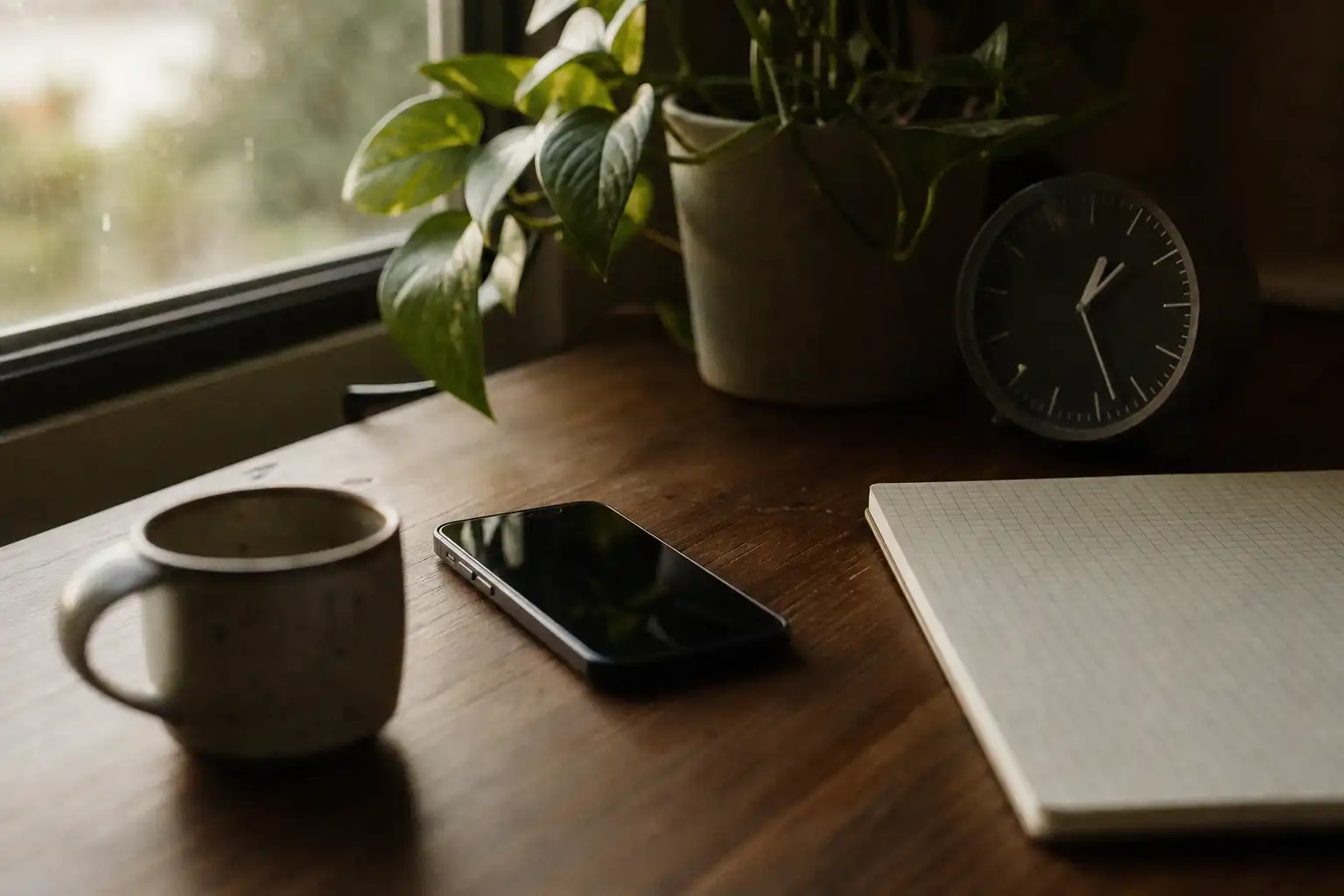 A quiet early-morning home desk with a smartphone face-up beside a small ceramic coffee mug, a blank grid notebook, a simple analog clock, and a single houseplant near a softly lit window; no people, hands, feet, or visible text. The composition is close and slightly off-center, with the phone and clock suggesting a gentle daily routine, warm natural window light mixed with dim indoor ambient light, subtle motion blur at the edge of the mug, fine grain and low-light noise. Shot on Fujifilm X100V, 35mm, f/2, ISO 800.
