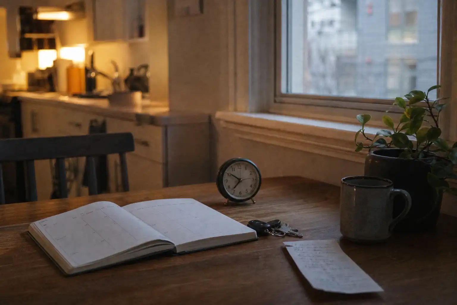 A lived-in home desk beside a kitchen window at early evening, showing an open paper planner with a few blank blocks, a simple analog clock, keys, a grocery list, and a mug, with a softly blurred apartment kitchen in the background; no people, hands, feet, screens, or text. Documentary still-life composition with practical warm lamp light mixed with cool window light, shot on Fujifilm X100V, 35mm, f/2, ISO 800, subtle motion blur, film-like grain, and visible sensor noise.