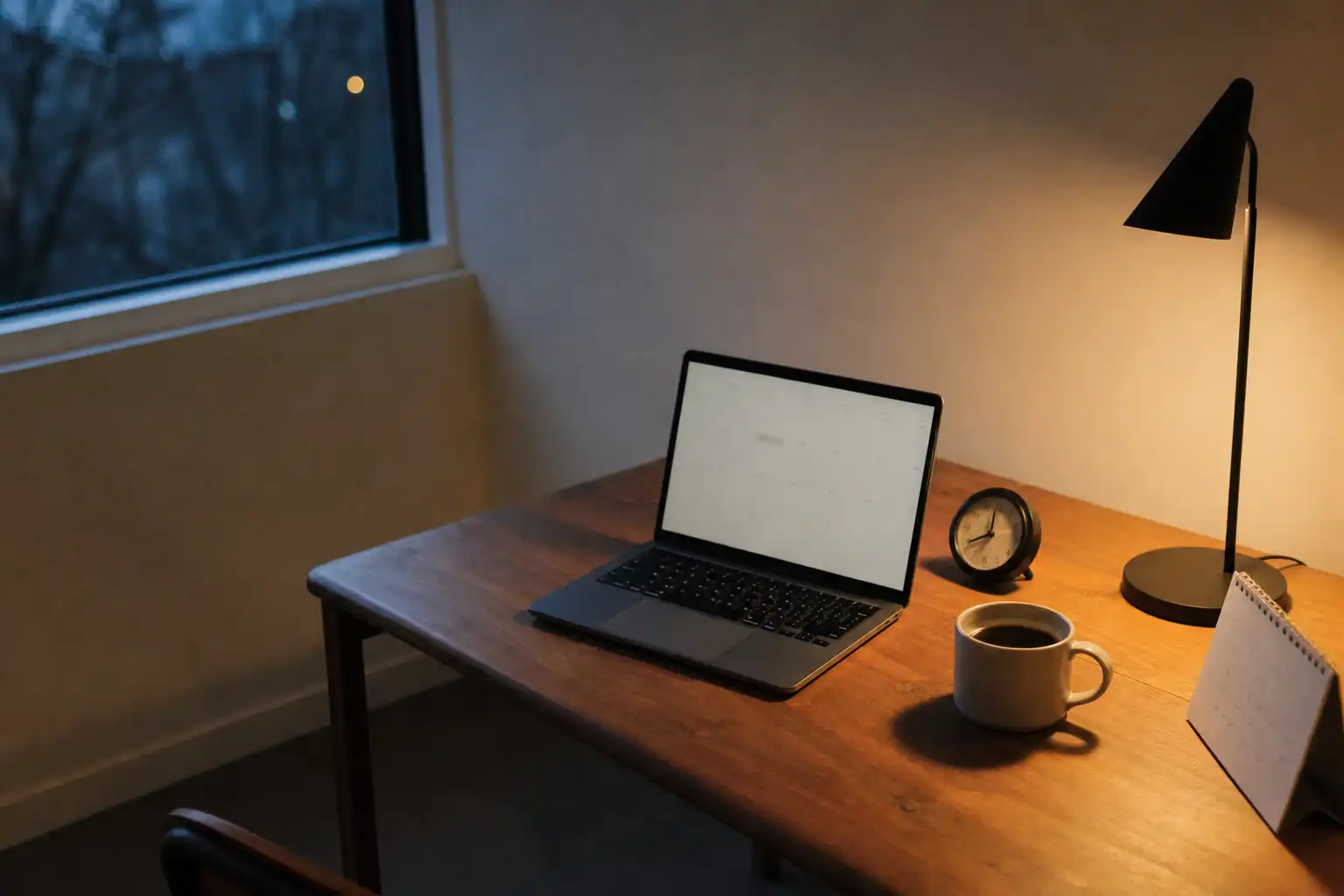 A quiet home-office desk at early evening with an open laptop displaying an indistinct blank planning interface, a small analog desk clock, a ceramic coffee mug, a paper calendar with no readable text, and a softly glowing desk lamp; overhead three-quarter composition with empty space around the objects, warm practical lighting mixed with cool window dusk light, subtle motion blur at the clock edge and natural digital noise, photographed on Fujifilm X100V, 35mm, f/2, ISO 800.