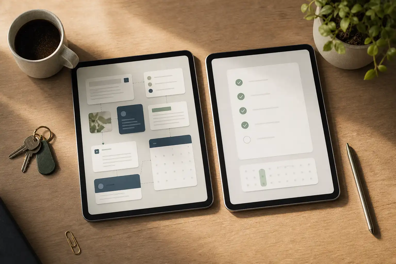 Digital editorial illustration, top-down view of a tidy home-office desk with two tablets side by side. The left tablet shows an abstract modular workspace of softly colored cards, connected dots, document blocks, and calendar shapes; the right tablet shows a minimal clean daily checklist with circular check marks and a small calendar strip, with no readable text or logos. Include a coffee mug, house keys, a pen, a single paper clip, and a small desk plant. Warm morning window light, muted cream, slate blue, and sage green palette, realistic shadows, calm but slightly lived-in atmosphere, no people.