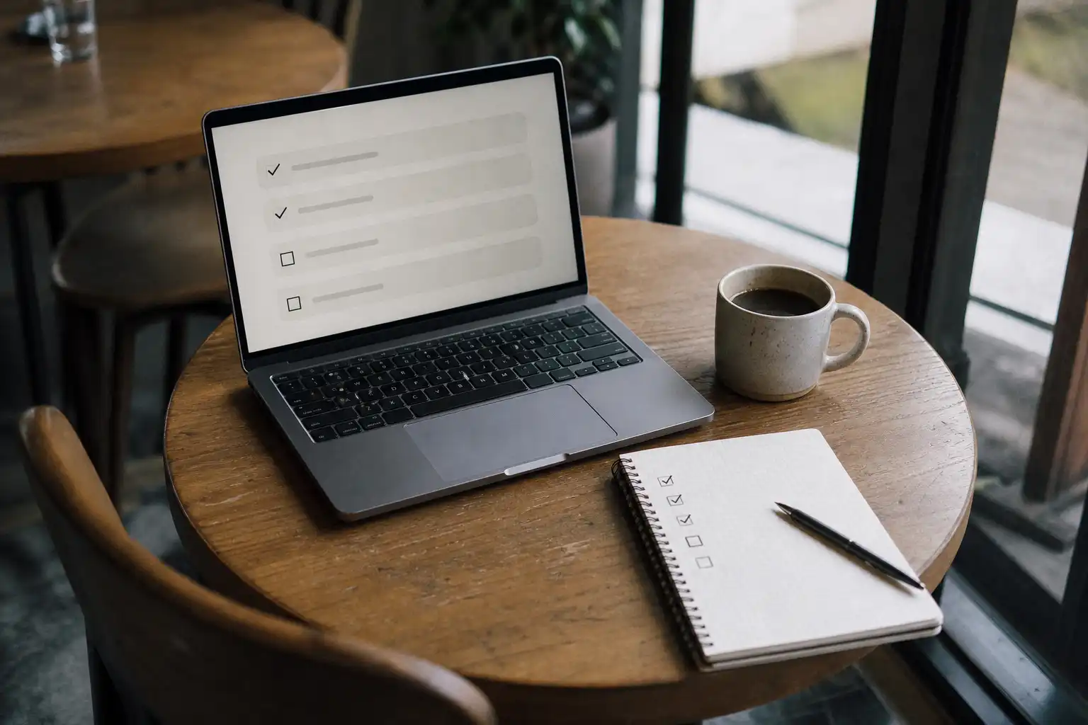 Photo of a quiet cafe table in soft morning window light, with an open unbranded laptop showing a simple abstract checklist interface without readable text, a small blank grid notebook with a few checked boxes, and a ceramic coffee cup. Overhead three-quarter composition, no people, hands, feet, logos, or text. Shot on Fujifilm X100V, 35mm, f/2, ISO 800 with subtle grain, slight motion blur, and natural imperfections.