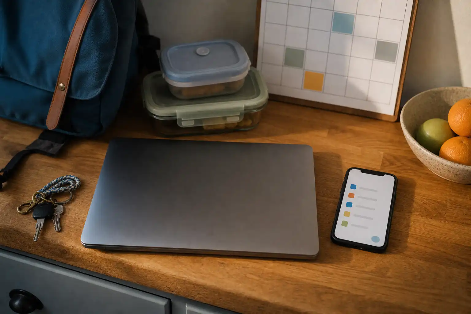 A warm editorial lifestyle photo of a tidy but lived-in kitchen command area in early morning light, with a closed laptop beside a smartphone showing an abstract checklist interface with no readable text, a small wall calendar with blank colored blocks, lunch containers, a backpack, keys, and a bowl of fruit. Compose the objects from a slight overhead angle with natural shadows, muted blue and warm wood tones, and no people or visible writing.