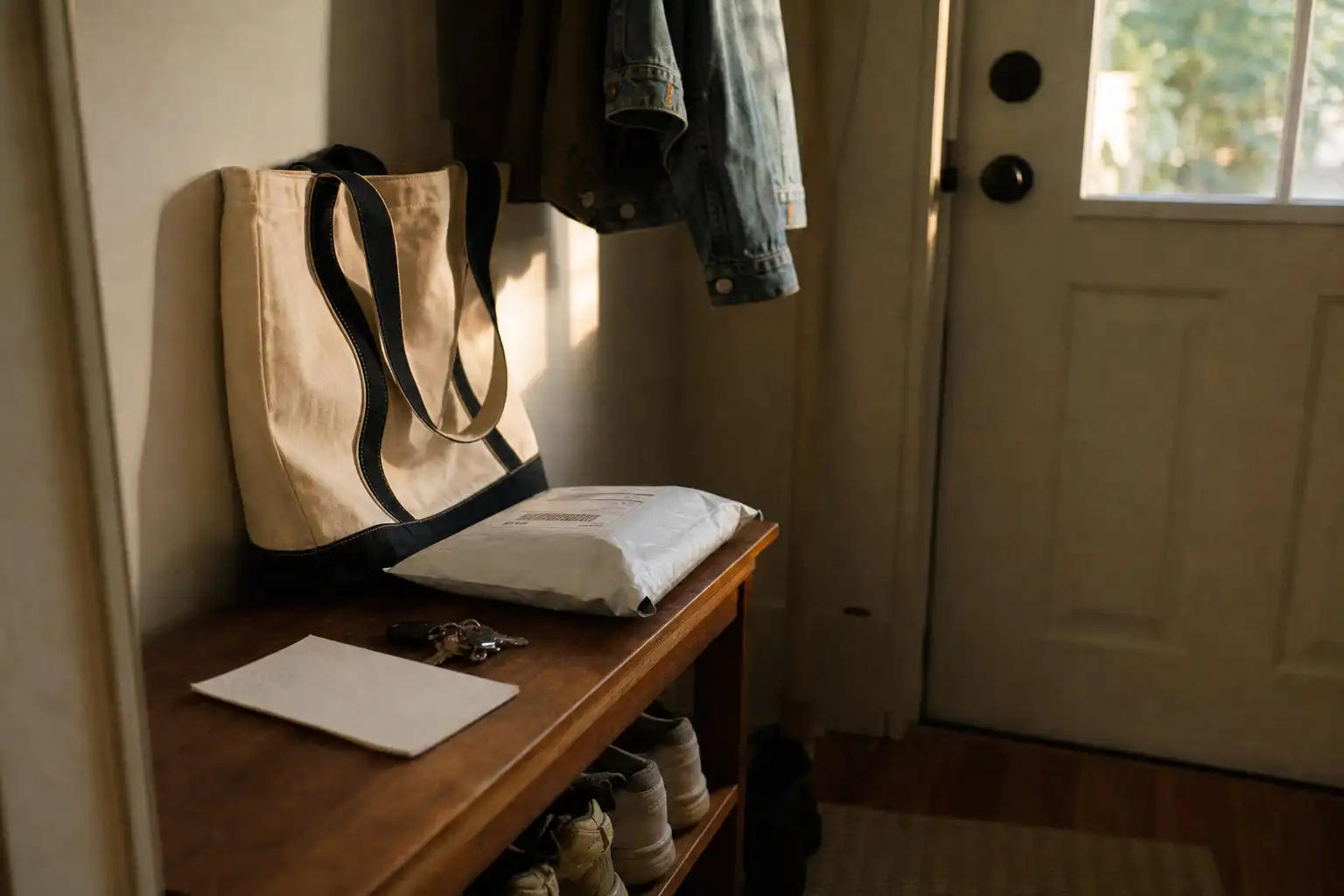 A candid close-up photograph of a small apartment entryway set up for an easy errand: a reusable tote bag, sealed return parcel, sneakers, keys, and a simple paper checklist resting on a wooden bench beside a front door. Warm late-afternoon window light, quiet lived-in setting, slightly off-center composition with negative space, no people, no hands, no feet, no readable text. Shot on Fujifilm X100V, 35mm, f/2, ISO 800, with subtle motion blur, gentle grain, and natural imperfect indoor exposure.