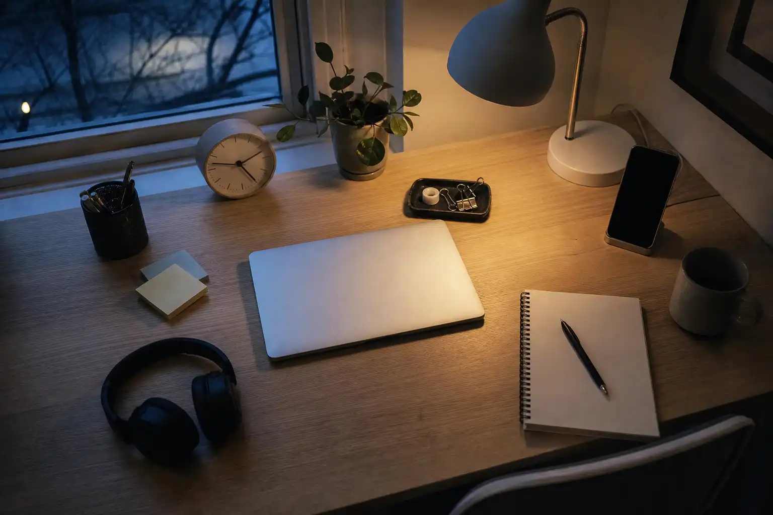A realistic overhead editorial photo of a tidy home-office desk at early evening: closed silver laptop, paper notebook with blank pages, pen, ceramic mug, small desk lamp casting warm light, phone face down on a charging dock, and a simple analog clock near a window showing dusk outside. Include a few mundane work items such as sticky notes and headphones, but no visible text, logos, or people. Calm, slightly tired end-of-workday atmosphere with warm indoor light and cool blue window light.