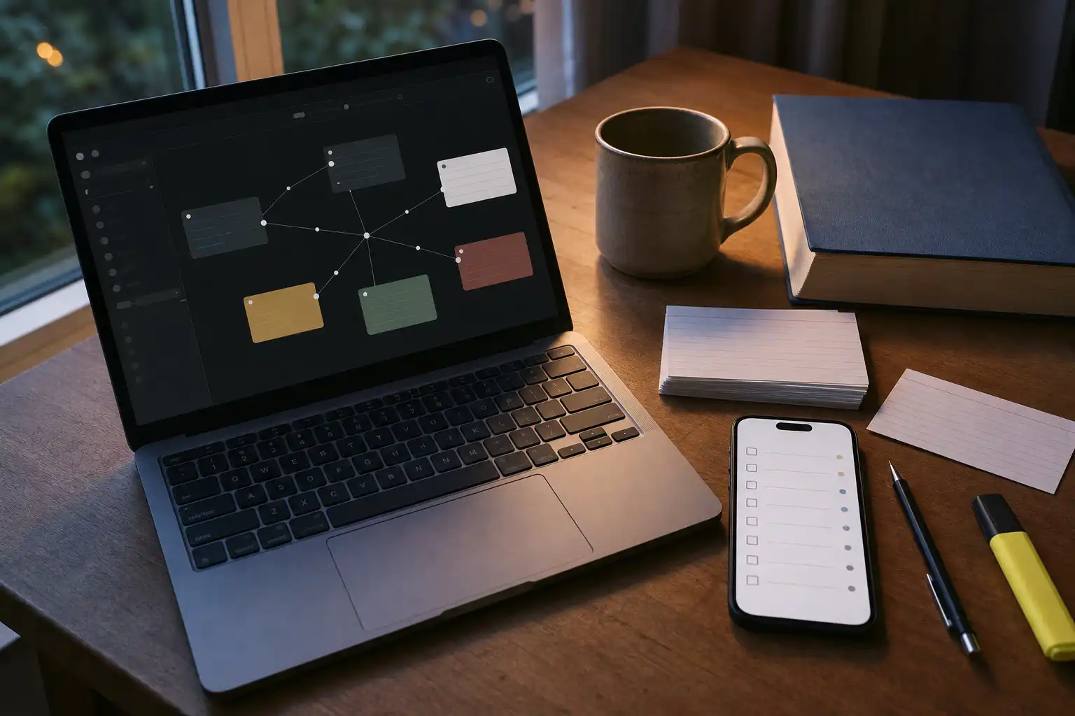Editorial still-life photo of a tidy student desk in early-evening window light, viewed from slightly above. On the left, an open laptop shows a dark note workspace with subtle connected dots, blank cards, and no readable text; on the right, a smartphone shows a clean, unlabelled checklist interface with simple checkbox shapes and small date dots. Include a closed textbook, a few index cards, a mechanical pencil, one highlighter, and a ceramic mug. Composition is balanced with the laptop and phone visibly contrasting two organizational styles. No people, logos, or readable text.