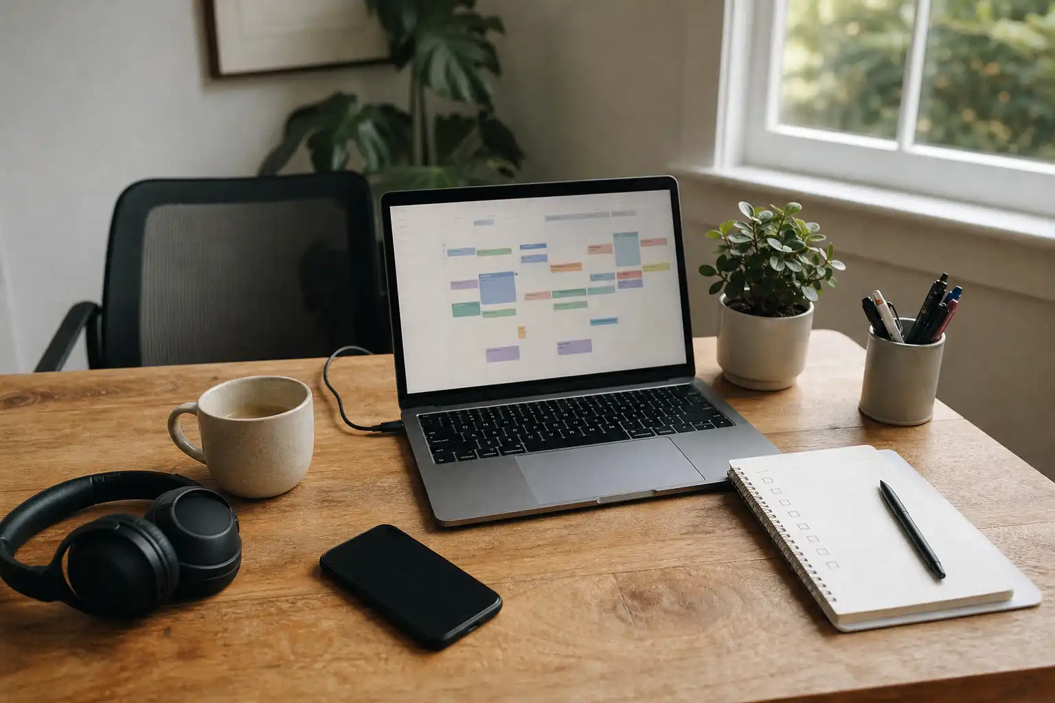 Photo-realistic editorial image of a calm remote-work desk in a bright home office, viewed from slightly above: an open laptop with an abstract calendar of unlabeled colored blocks, a face-down phone with notifications off, a paper notebook with simple checkboxes but no readable text, noise-canceling headphones, a ceramic coffee mug, and a small desk plant. Include an empty chair, soft morning window light, realistic cables and stationery, and a focused but ordinary work-in-progress feel. No people, logos, or readable text.