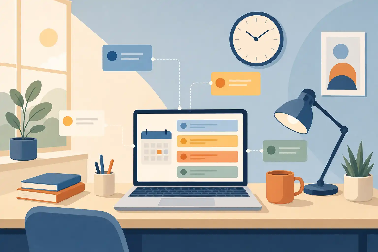 Flat computer-designed graphic of a calm home office desk viewed in a wide composition, with an open laptop showing abstract colored task blocks and a small calendar icon, a wall clock, a desk lamp, a mug, and soft geometric connection lines linking task cards across the scene. No people, hands, feet, words, letters, or readable text. Muted blue, warm orange, and cream palette with clean flat shapes and gentle morning window light.