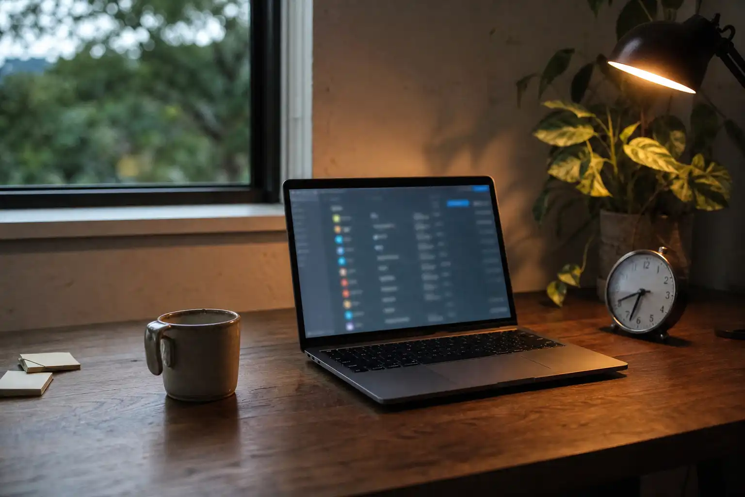A quiet remote home-office desk in late afternoon, with an open laptop showing an abstract blurred task interface, a ceramic coffee mug, a small analog clock, sticky notes turned face down, and a leafy plant near a window; no people, hands, feet, or readable text. Documentary photograph with a slightly off-center composition, soft overcast window light mixed with a warm desk lamp, shallow depth of field, faint motion blur on the plant leaves, natural film-like noise and minor imperfections. Shot on Fujifilm X100V, 35mm, f/2, ISO 800.