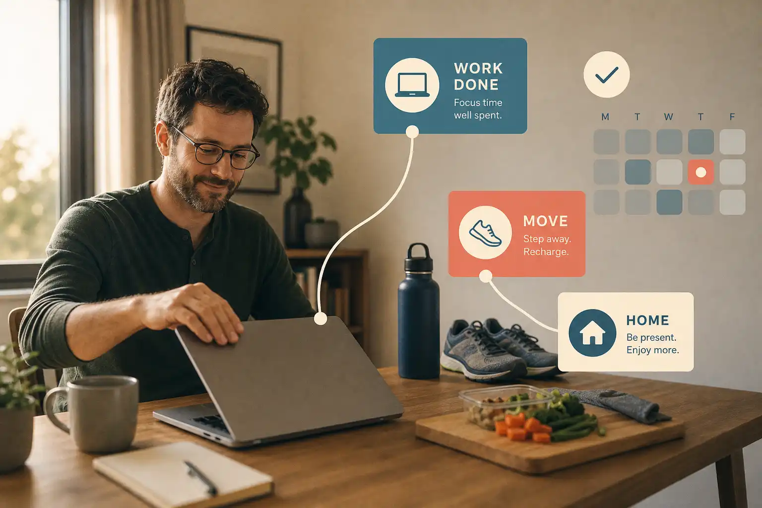 A realistic, warmly lit photograph of a remote worker closing a laptop at a tidy home desk near a window at late afternoon, with a water bottle, running shoes, and a small dinner-prep cutting board visible in the background; subtle film grain. Overlay flat-designed graphic elements: three clean colored cue cards connected by a curved line from laptop to shoes to a home icon, plus a small checkmark and soft calendar blocks, using muted blue, coral, and cream tones. The composition should feel calm and practical, with the person slightly off-center and plenty of negative space for a blog title.