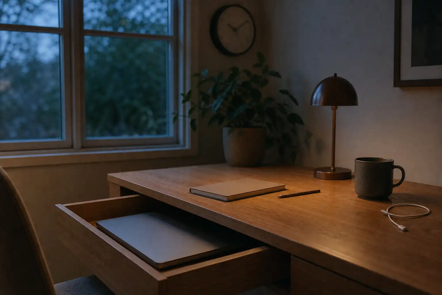 Editorial lifestyle photo of a tidy, empty home office at early evening: a closed silver laptop placed in a desk drawer, a small warm desk lamp switched off, a ceramic mug, a paper notebook with no readable writing, and soft blue dusk light coming through a window. Include a subtle wall clock without legible numbers, a houseplant, and an unplugged phone charging cable. Calm realistic photography, horizontal composition, no people, no text, no logos.