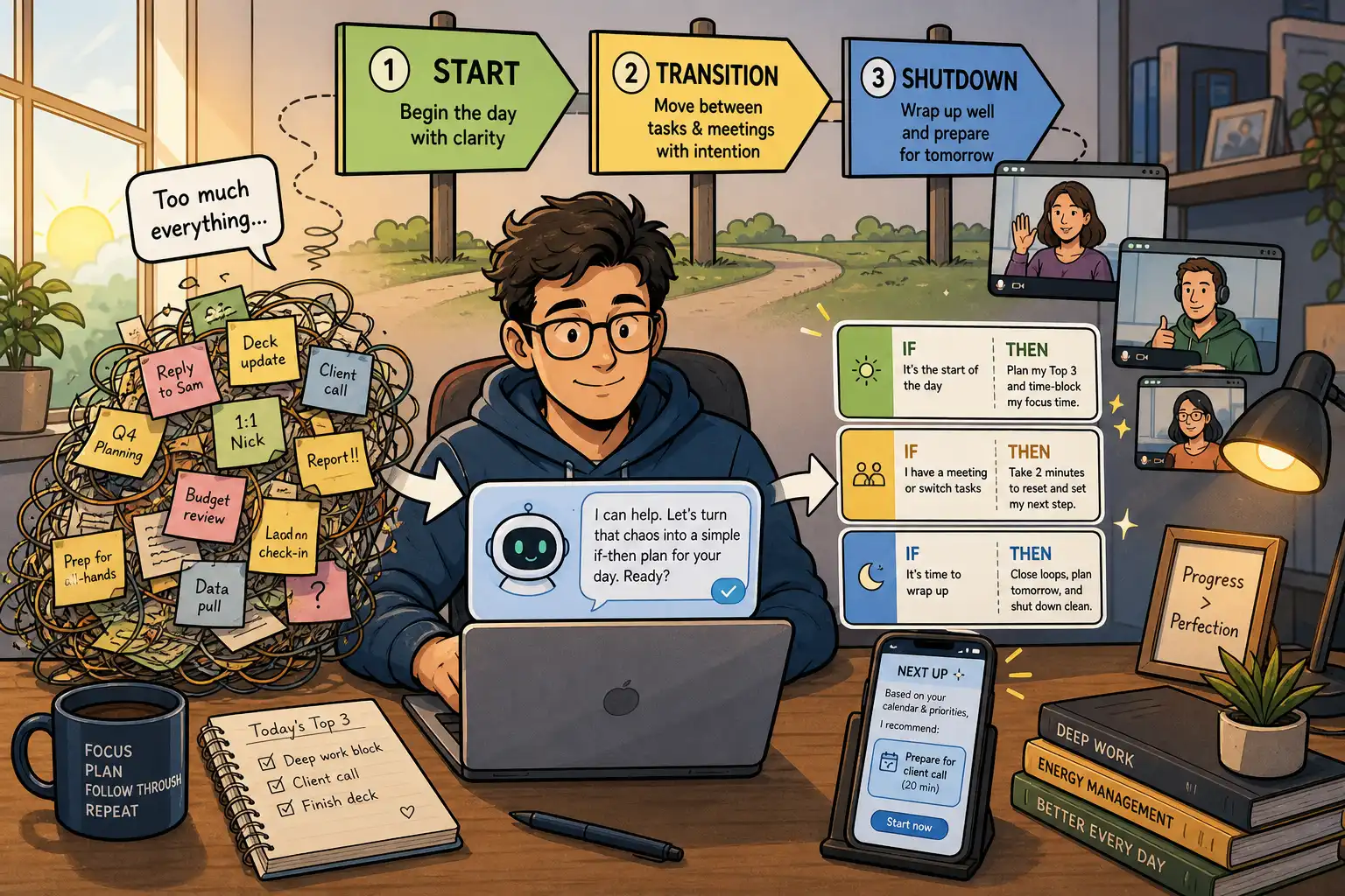 Comic-style drawing of an overloaded knowledge worker at a desk with a laptop, coffee mug, and a few floating meeting windows, calmly following three visible pathway signs labeled start, transition, and shutdown. A friendly chat bubble on the laptop helps turn a tangled pile of sticky notes into three simple if-then cards, while a small phone beside the desk shows a timely next-task recommendation. Modern home-office setting, clean line art, warm morning light on one side and soft evening lamp light on the other, reassuring and organized mood.