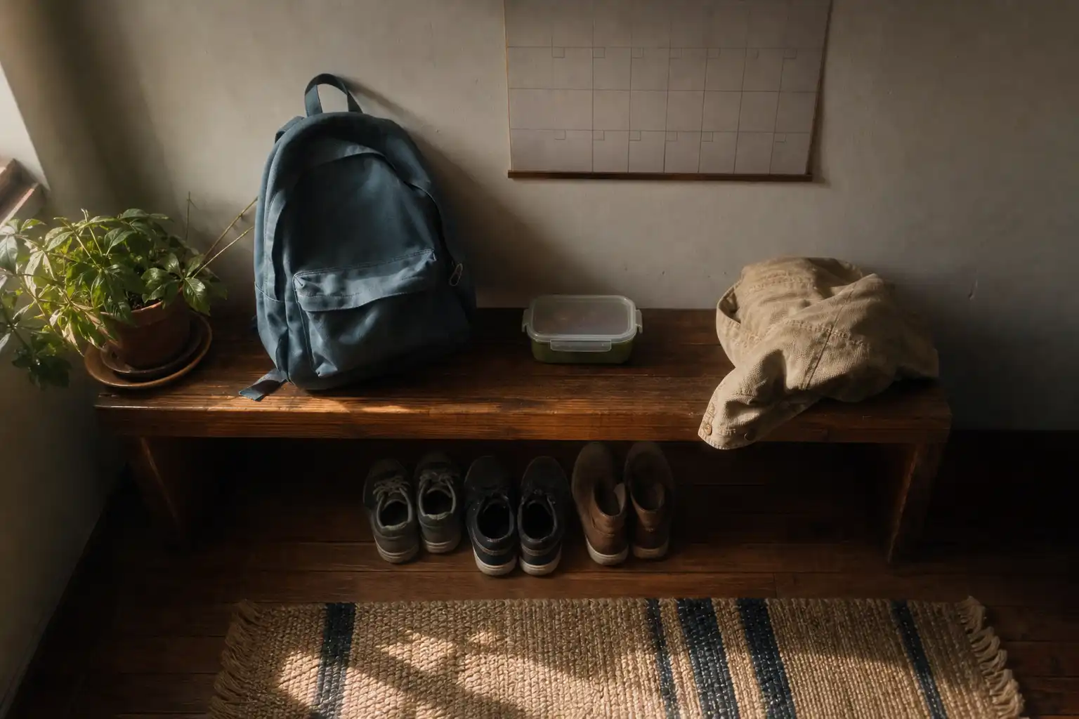 Editorial lifestyle photograph of a calm but lived-in family entryway at early morning: a small backpack on a wooden bench, neatly lined shoes, a lunch container, a wall calendar with no readable text, and soft light coming through a nearby window. No people, hands, feet, or text. Eye-level composition with the bench and everyday objects as the focal point, warm natural window light mixed with dim indoor shadows. Shot on Fujifilm X100V, 35mm, f/2, ISO 800, with subtle film grain, slight motion blur, and natural low-light imperfections.