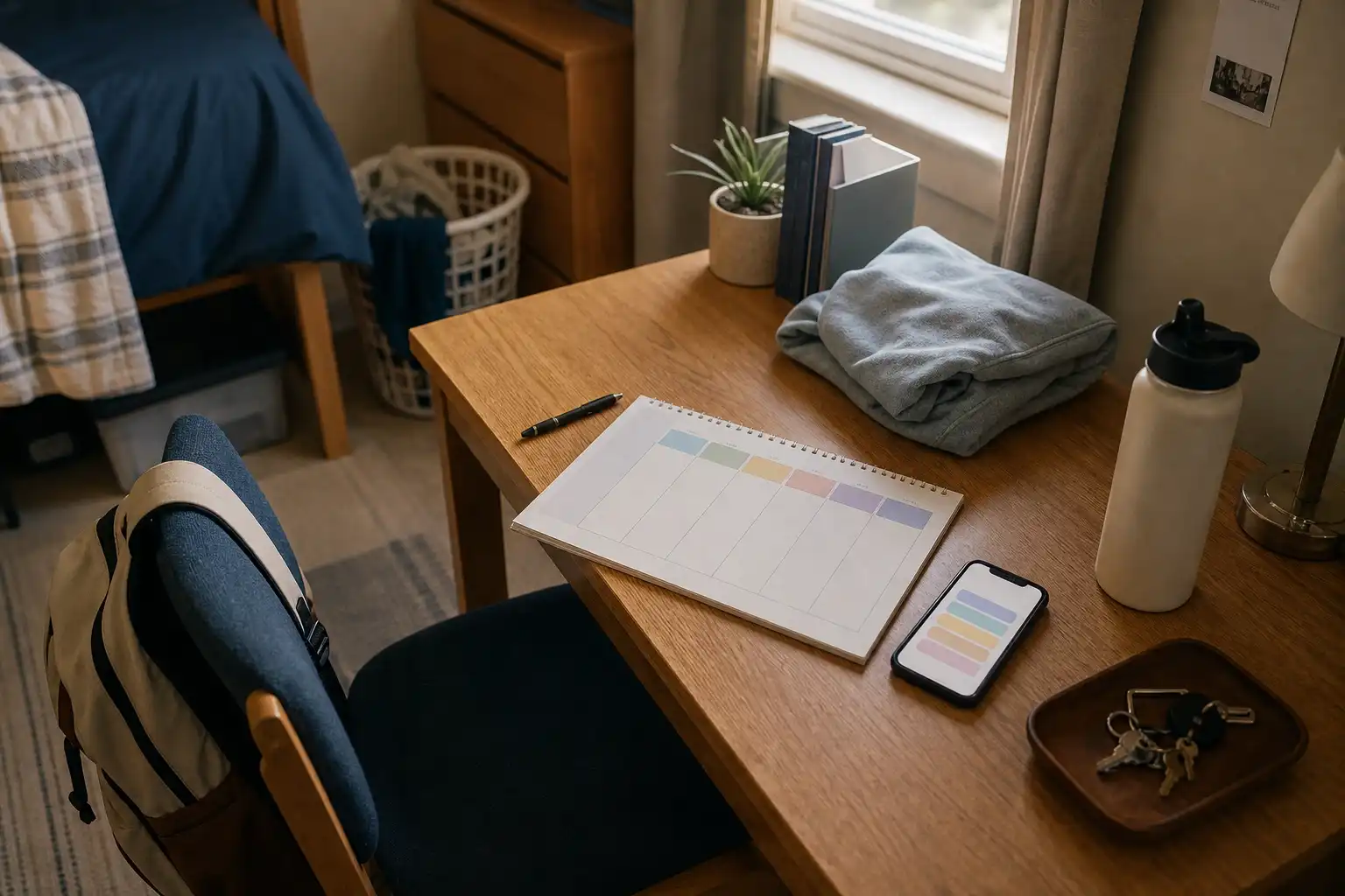 Editorial-style digital photograph of a tidy but lived-in student desk in a small dorm room, viewed from slightly above. Include a backpack by the chair, a folded hoodie, a reusable water bottle, keys in a small tray, a laundry basket in the background, a simple phone showing abstract colored task cards with no readable text, and a blank weekly planner with color blocks but no words. Warm late-afternoon window light, calm practical atmosphere, muted blue, cream, and warm wood colors. No people, no logos, no readable text.