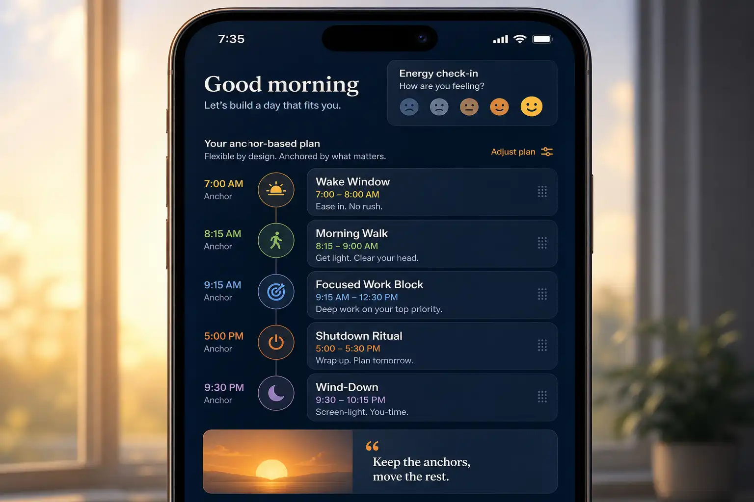 A polished generic productivity app interface filling the entire frame on a modern smartphone screen, showing an anchor-based daily routine plan for a freelancer: a wake window, morning walk, focused work block, shutdown ritual, and wind-down reminder arranged as flexible timeline cards. Include a small energy check-in and a calm note reading “Keep the anchors, move the rest.” No brand names or logos. Dark navy interface with warm sunrise amber accents, clean editorial typography, realistic soft morning window light reflected on the glass, close-up front-facing composition.