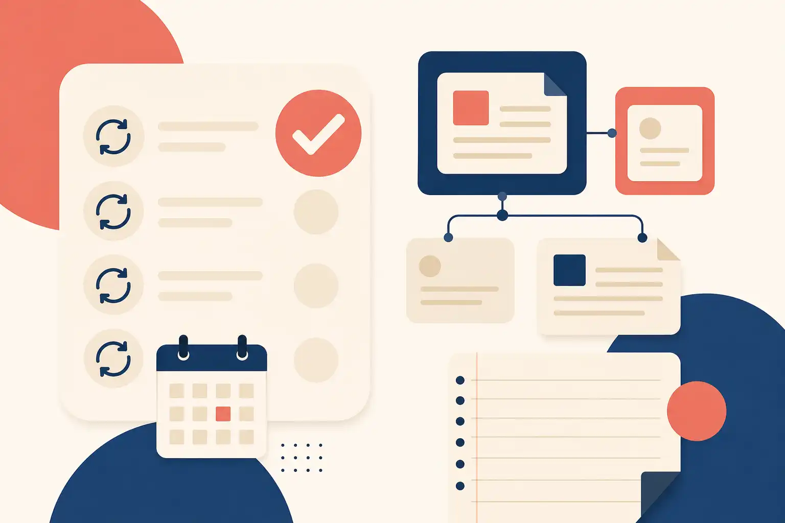 Flat computer-designed graphic with a clean split composition: on the left, a minimal rounded checklist card with repeating circular arrows and a small calendar icon; on the right, a connected note card system with subtle linking lines and a daily-note page. Use warm cream, deep navy, and muted coral shapes on a soft off-white background, with one large checkmark as the dominant visual element. No text, no logos, no photographic grain.