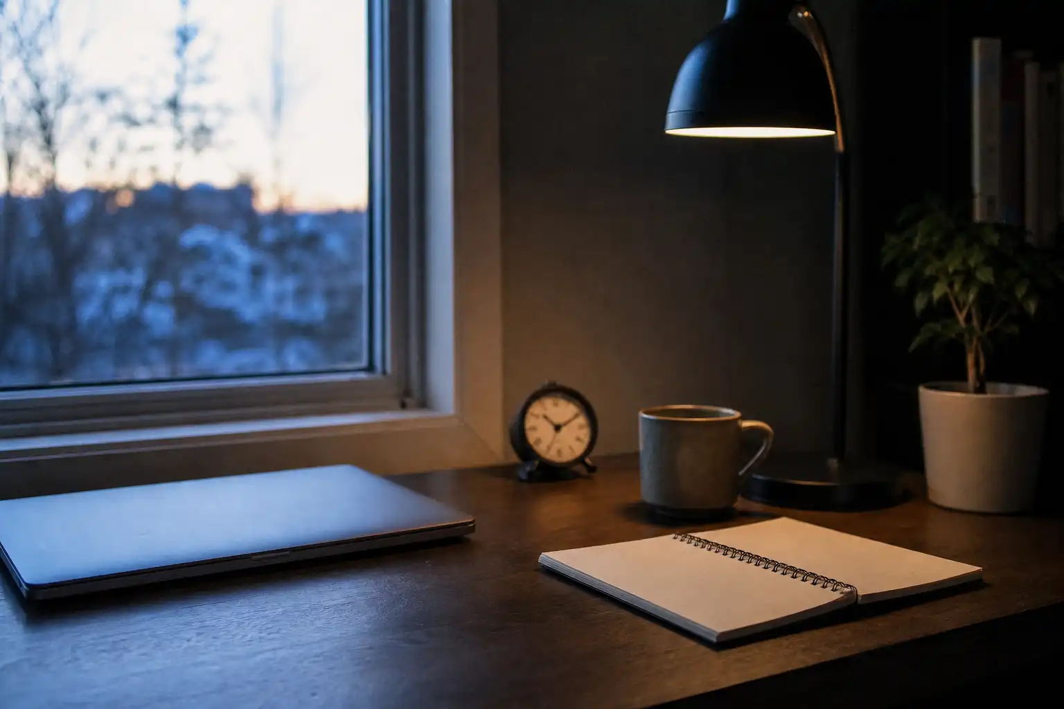 A quiet home-office desk in early morning blue light, with a closed laptop, a small analog clock, a ceramic mug, a notebook with blank pages, and a softly glowing desk lamp beside a window with pale dawn light; no people, hands, feet, or text visible. Shot on Fujifilm X100V, 35mm, f/2, ISO 800, intimate tabletop composition with shallow depth of field, slight motion blur, natural grain, and subtle low-light noise.