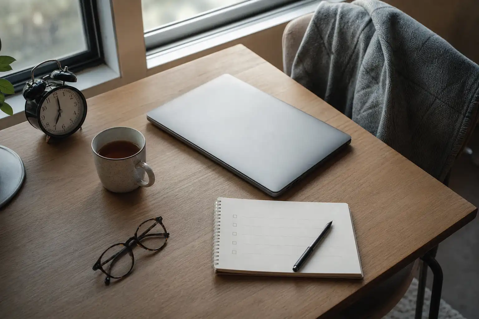 Realistic editorial photograph, overhead three-quarter view of a quiet home-office desk near a window in soft early-morning light: a closed laptop, a simple analog alarm clock, a ceramic mug with tea, a small blank paper planner with checkboxes but no readable text, a pen, reading glasses, and a folded light-gray throw on a nearby chair. Calm but slightly lived-in setting, muted blue and warm beige palette, natural shadows, no people, no logos, no visible text.