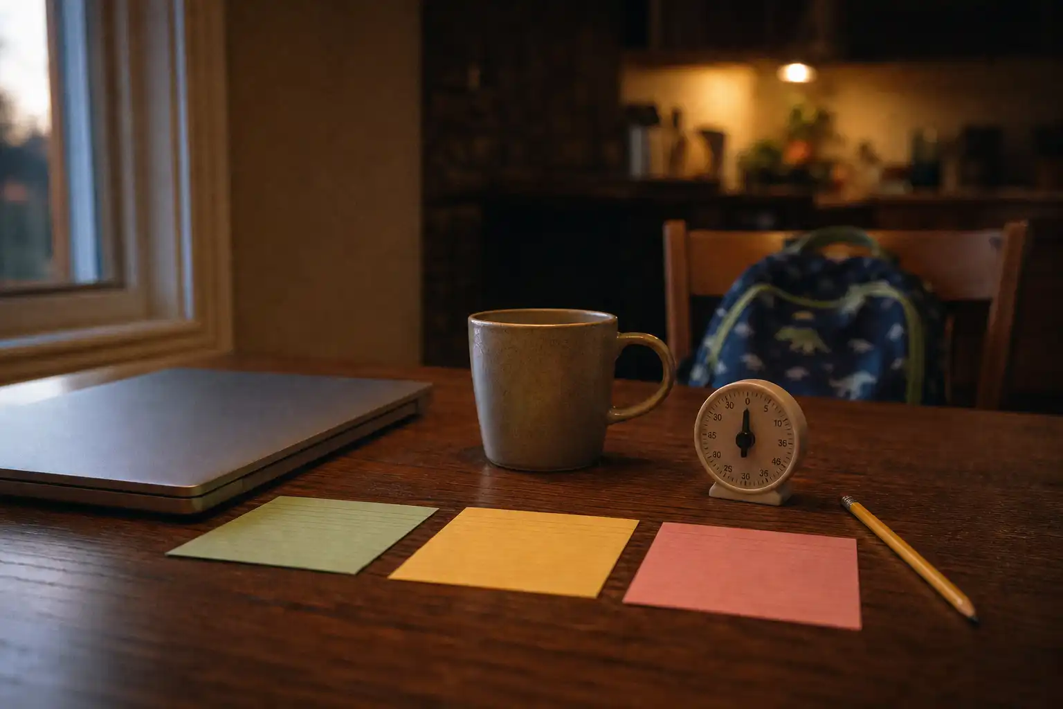 A quiet predawn kitchen table set up as a parent’s planning station, with a closed laptop, a ceramic coffee mug, a small analog timer, three blank color-coded index cards, a pencil, and a child’s backpack softly out of focus on a chair in the background; no people, hands, feet, screens, or visible text. Warm window light mixed with a dim kitchen lamp, intimate documentary composition from table height, shallow depth of field. Shot on Fujifilm X100V, 35mm, f/2, ISO 800, with subtle motion blur, natural grain, and slight low-light noise.