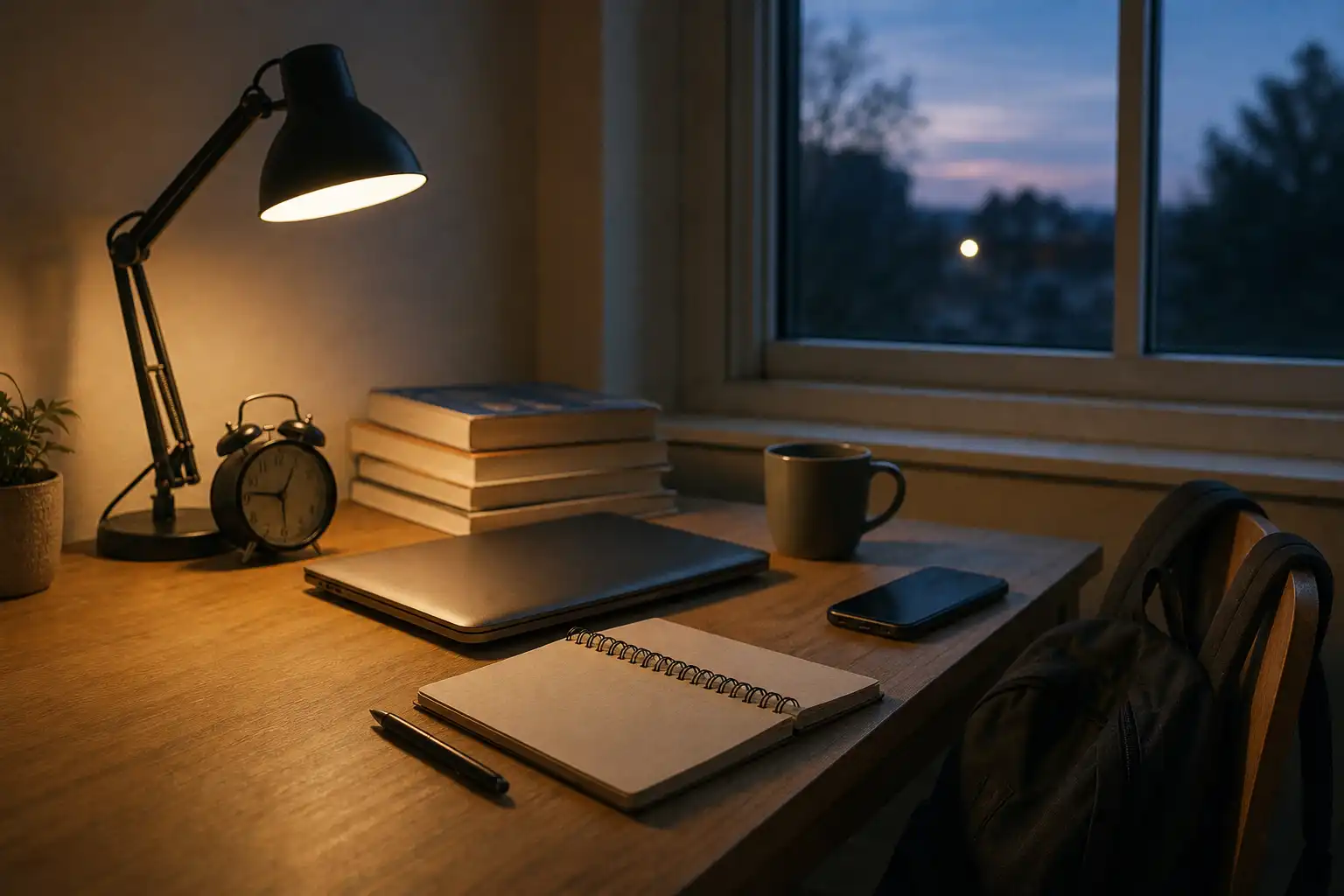 Editorial lifestyle photo of a quiet student desk at night transitioning into morning: closed laptop beside a simple analog alarm clock, stacked textbook, ceramic mug, charging phone facedown, notebook with blank pages, and a backpack ready by the chair. Warm desk lamp light contrasts with soft blue pre-dawn window light. No people, no readable text, no logos, no screen content. Wide horizontal composition with realistic everyday clutter kept minimal.