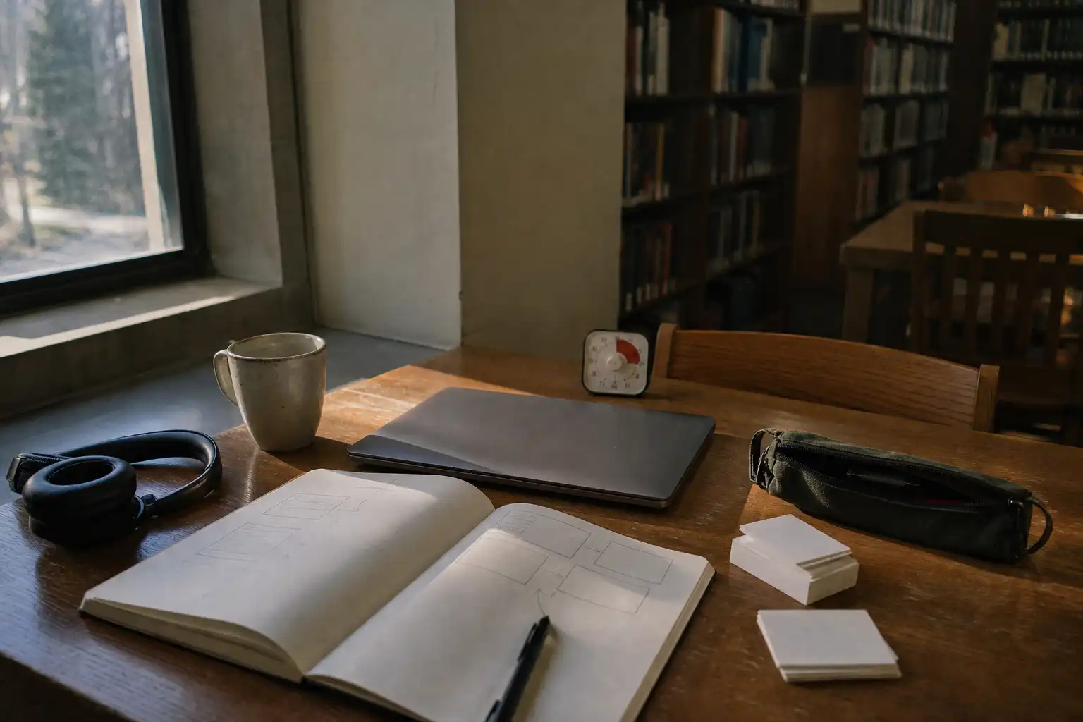 Editorial lifestyle photograph of a quiet university library desk in late-afternoon natural light, viewed from slightly above. Include an open notebook with simple blank diagrams, a closed laptop, a ceramic mug, a pencil case, flashcards turned face-down, headphones, and a small analog timer; no people, no readable text, no logos. Use warm wood, muted campus colors, realistic everyday clutter, and a calm focused atmosphere.